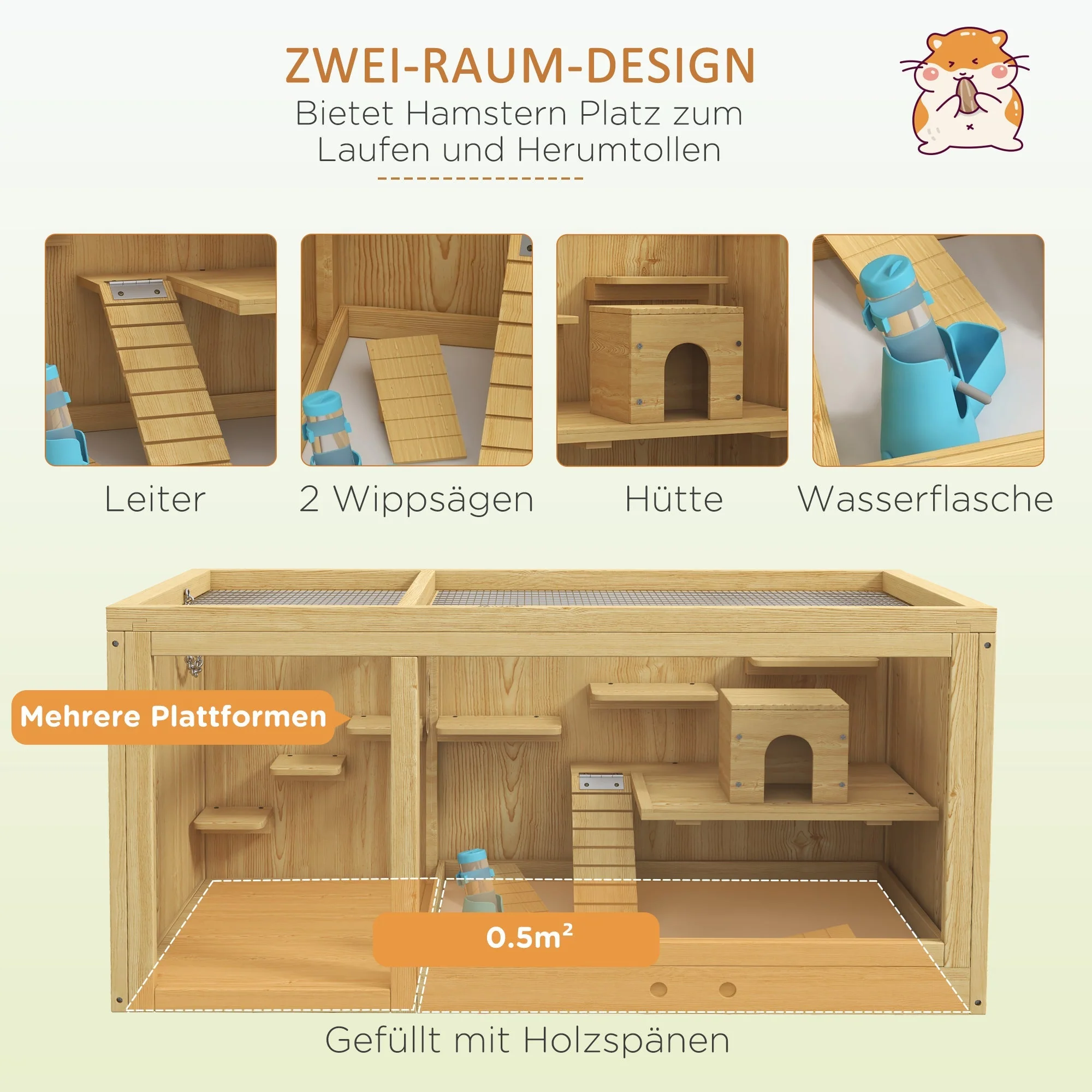 Hamster Cage, Playhouse Gerbils Swings Ladders Opening Roof, Natural Wood - Image 4