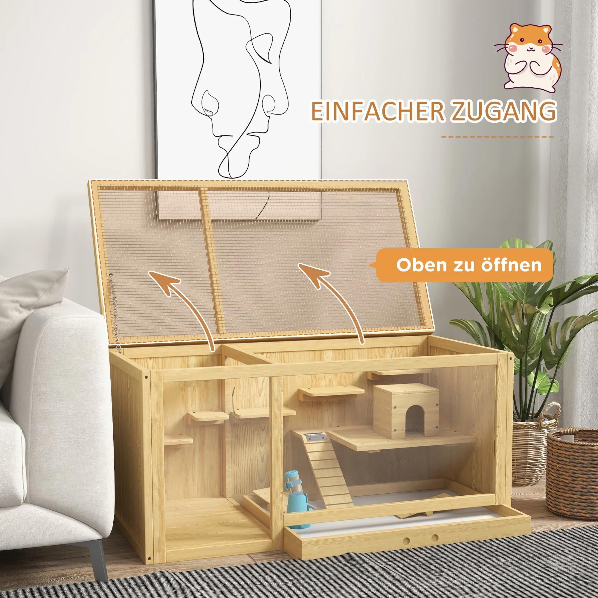 Hamster Cage, Playhouse Gerbils Swings Ladders Opening Roof, Natural Wood - Image 5