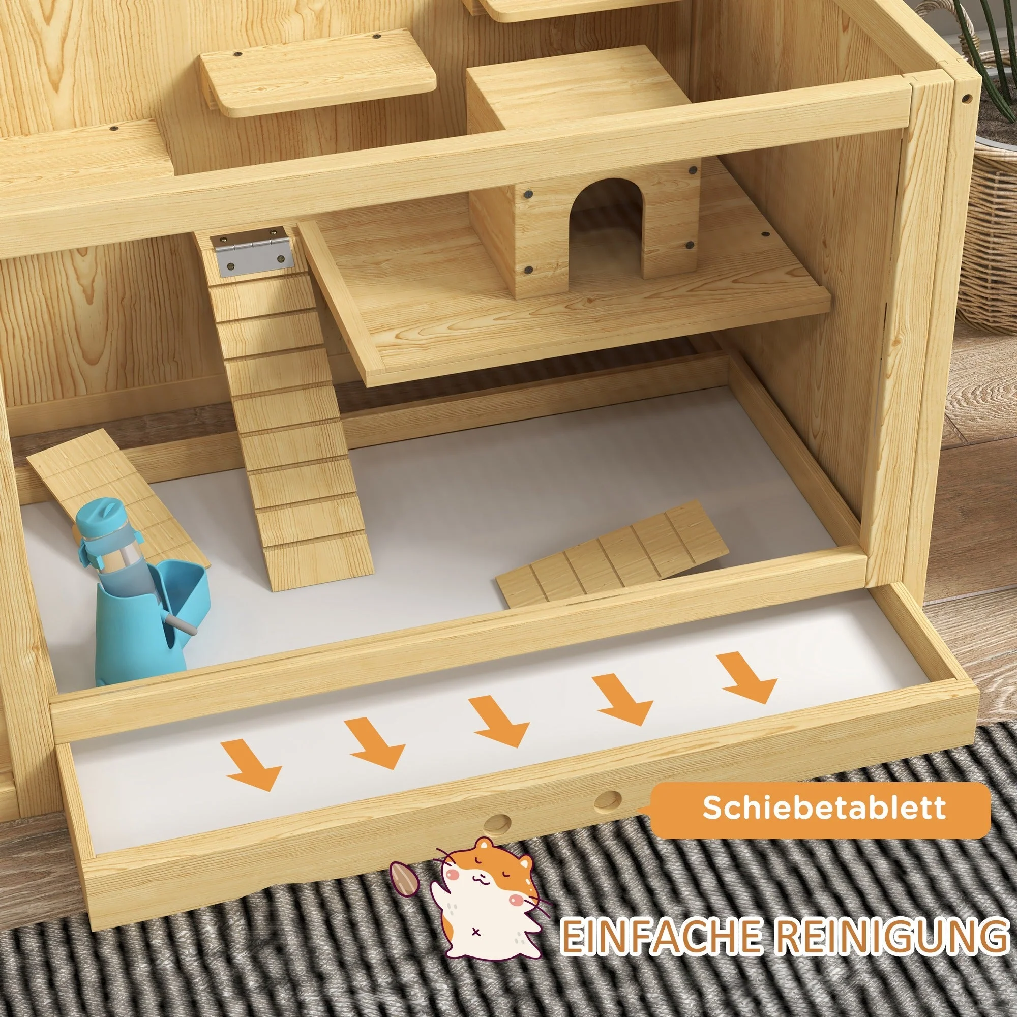 Hamster Cage, Playhouse Gerbils Swings Ladders Opening Roof, Natural Wood - Image 6