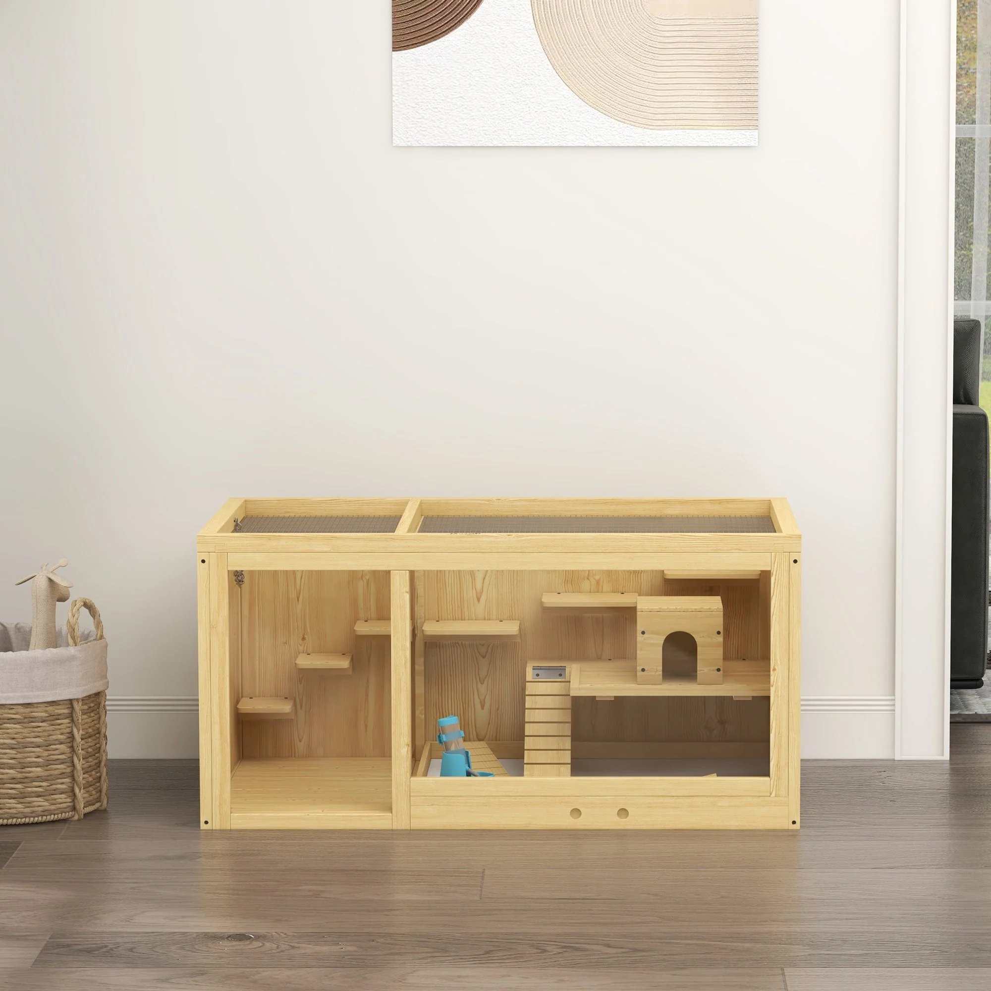 Hamster Cage, Playhouse Gerbils Swings Ladders Opening Roof, Natural Wood - Image 7