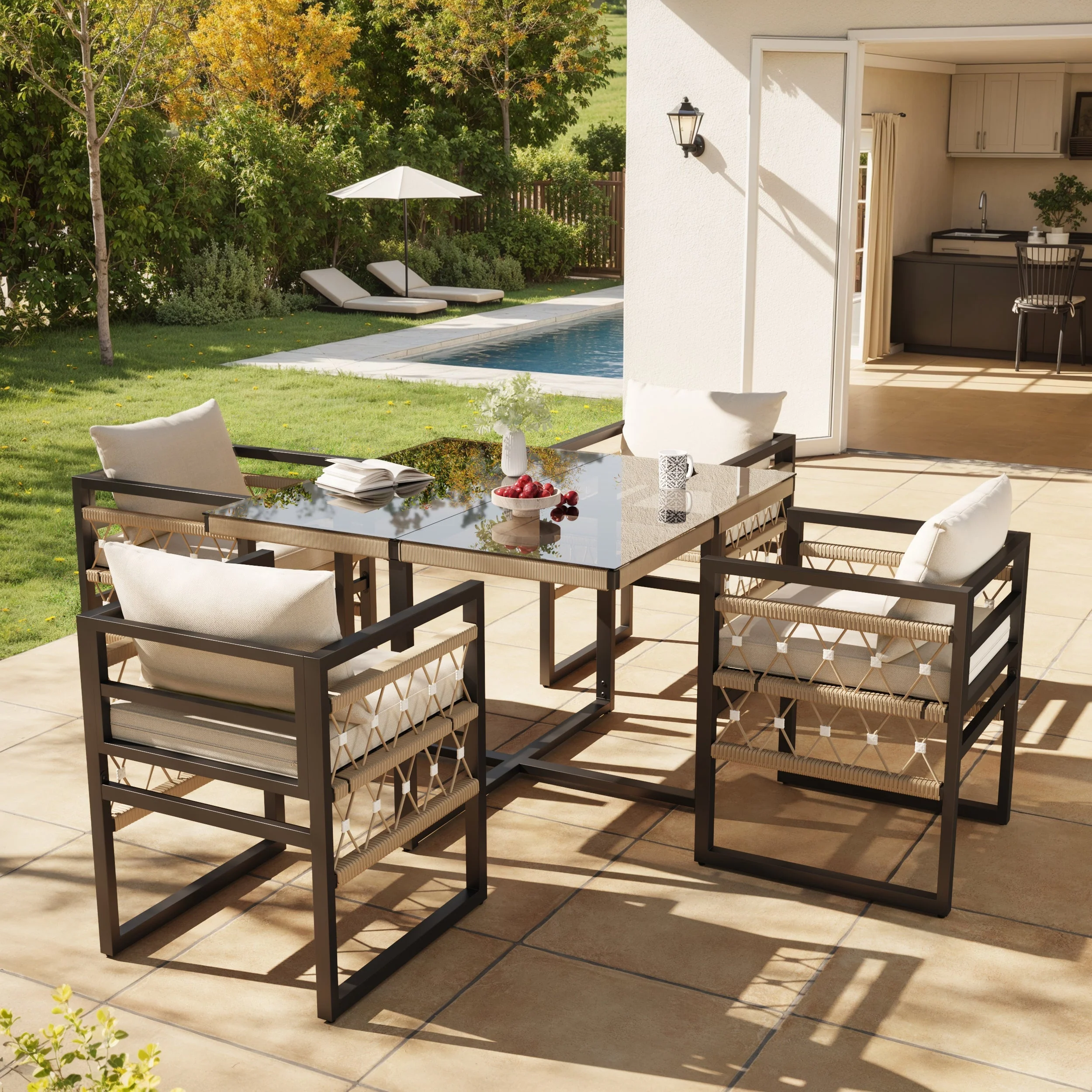 Handwoven Garden Sofa Set for 8 People with 2 Glass Tables and 8 Armchairs, Beige Iron - Image 3