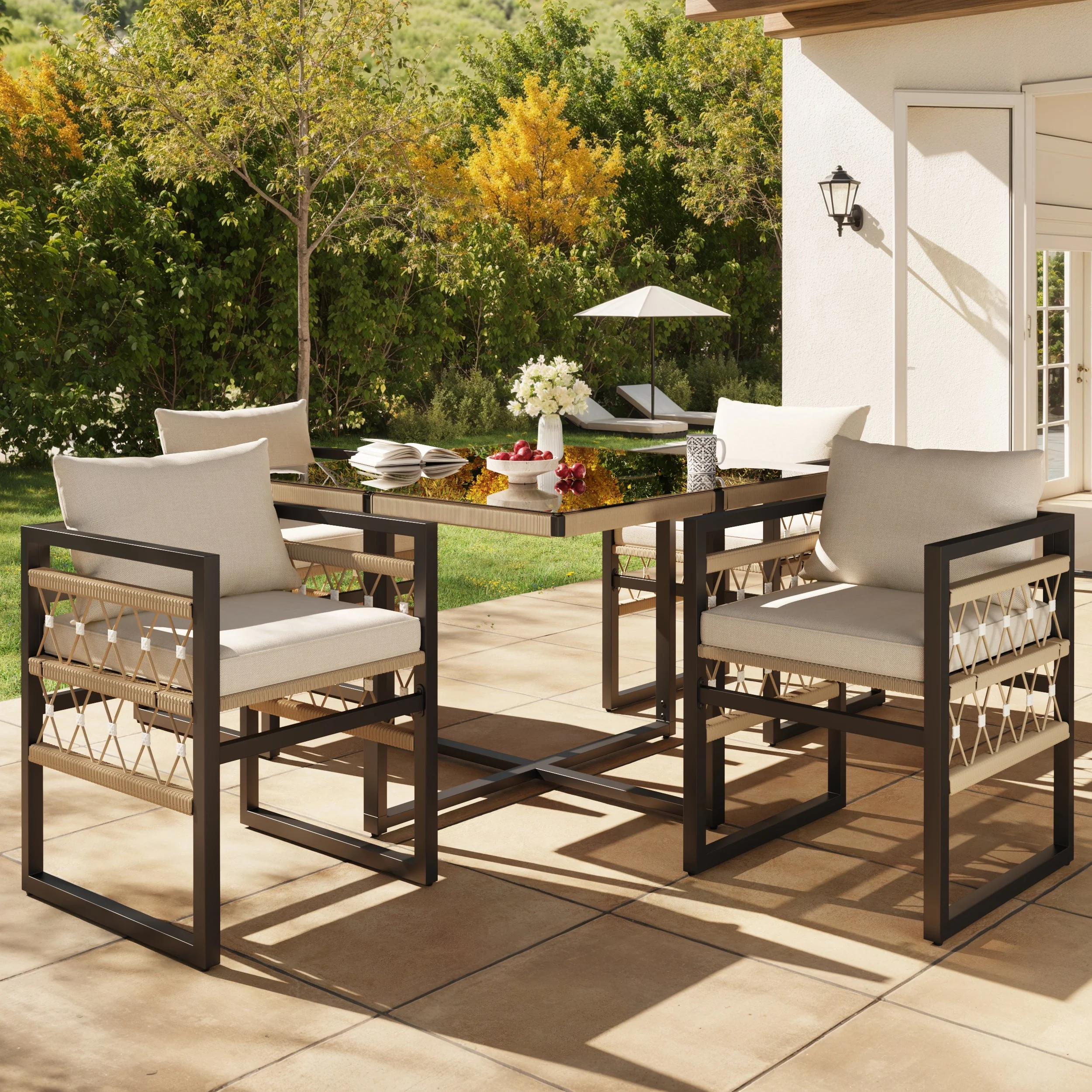 Handwoven Garden Sofa Set with Glass Table and 4 Armchairs, Beige Iron - Image 4