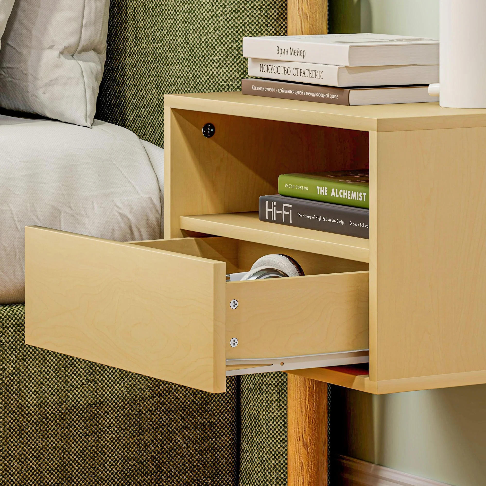 Hanging Bedside Tables, Floating Nightstand with Drawer, Natural Wood - Image 8