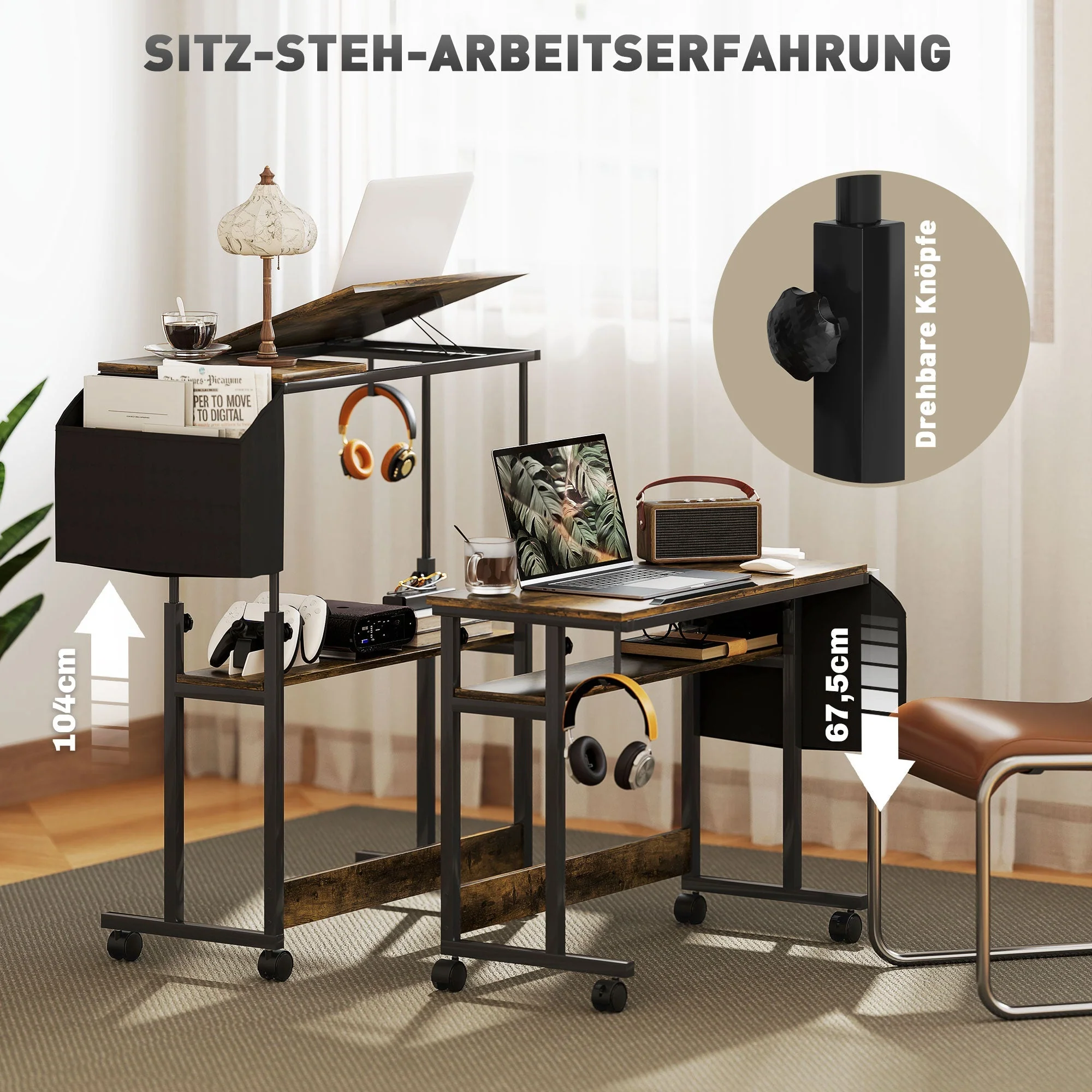 Height-Adjustable Desk, 92 x 40 cm, Tilting, Storage, Rustic Brown Steel - Image 4