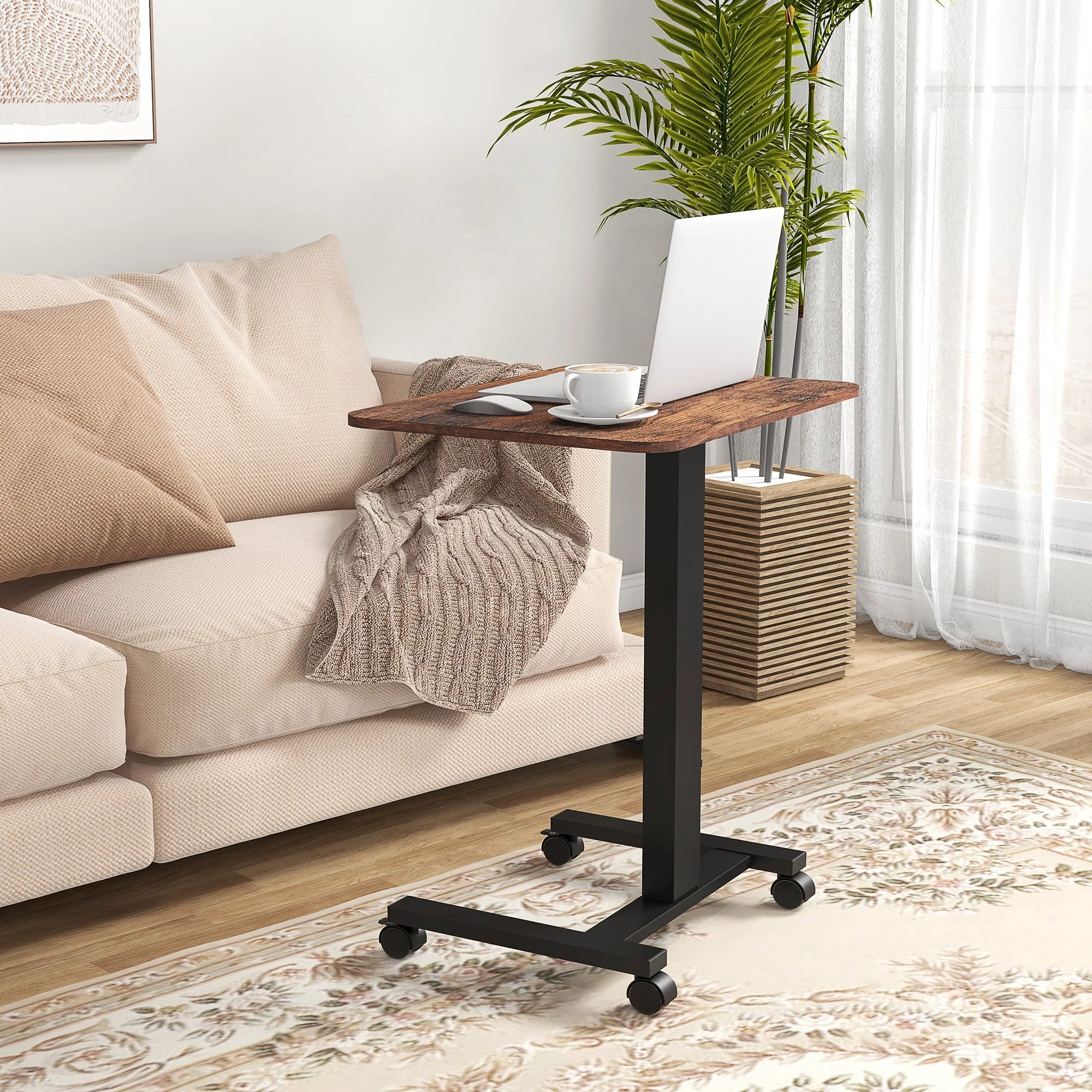 Height-Adjustable Laptop Table, 4 Casters, Hand Crank, Rustic Brown Chipboard