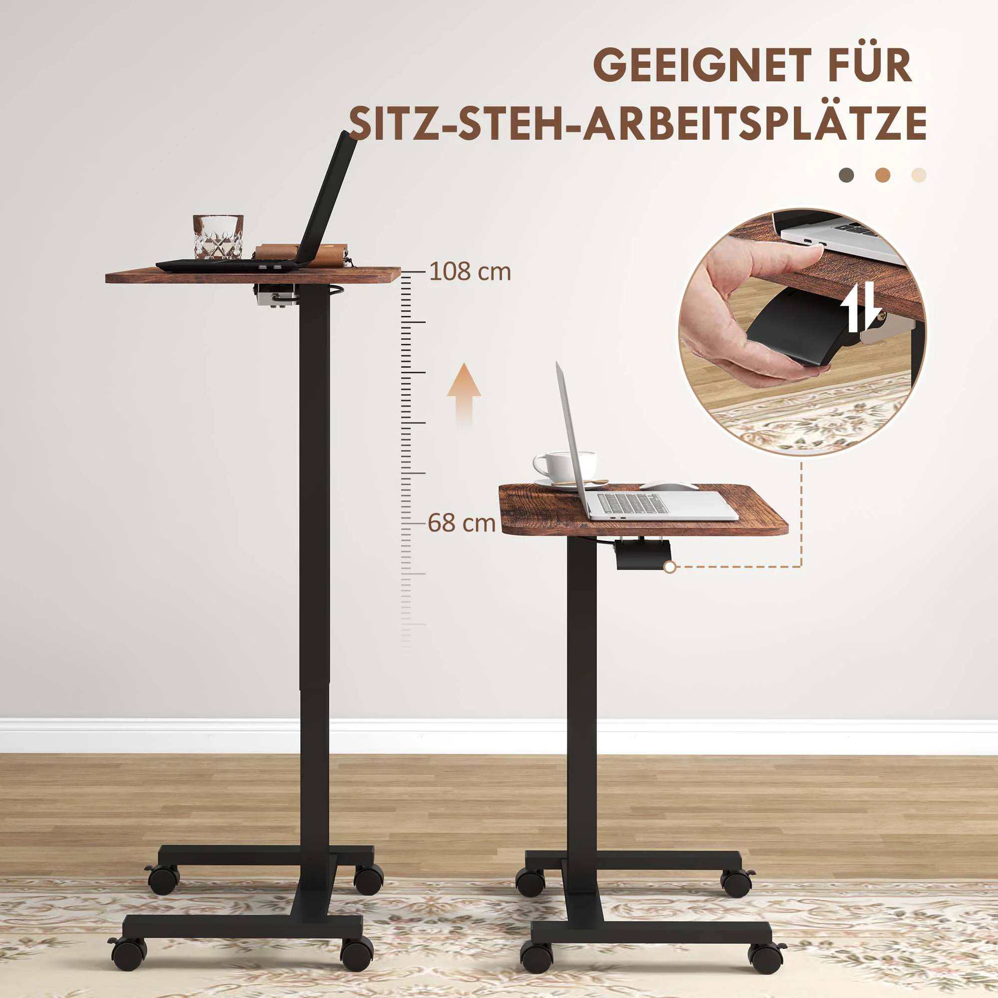 Height-Adjustable Laptop Table, 4 Casters, Hand Crank, Rustic Brown Chipboard - Image 4