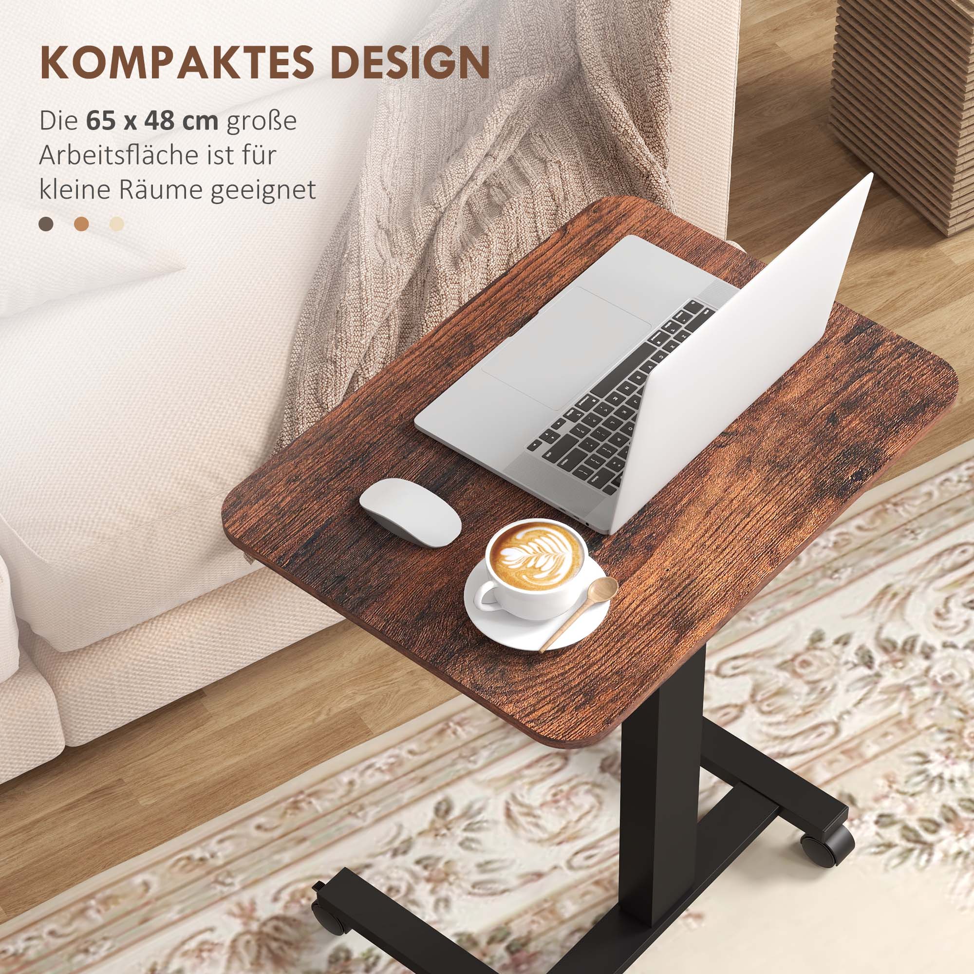 Height-Adjustable Laptop Table, 4 Casters, Hand Crank, Rustic Brown Chipboard - Image 6