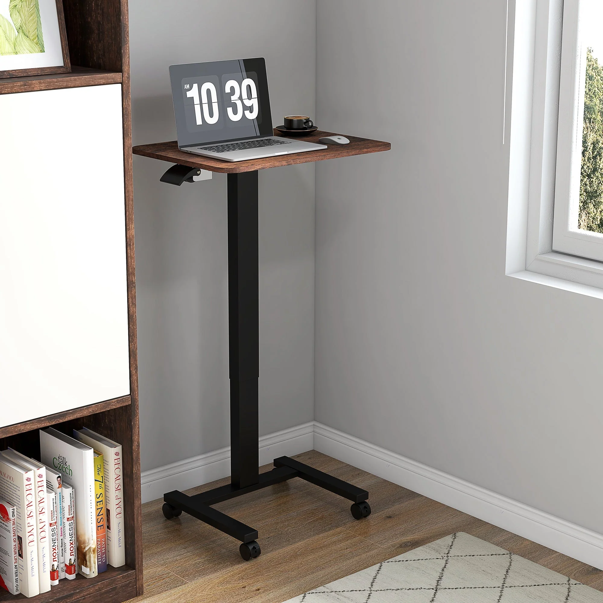Height-Adjustable Laptop Table, 4 Casters, Hand Crank, Rustic Brown Chipboard - Image 7