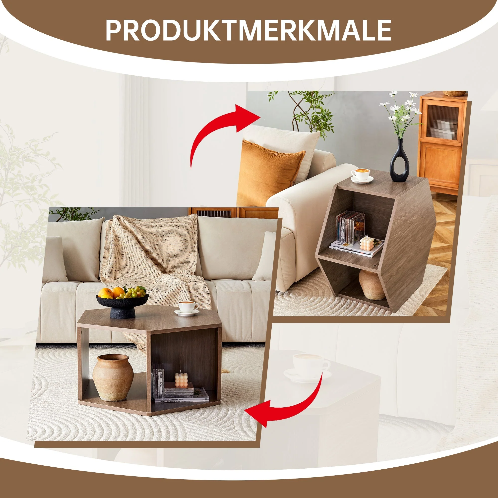 Hexagonal Coffee Table Multifunctional Modern Design 79x69.4x40 cm - Image 3