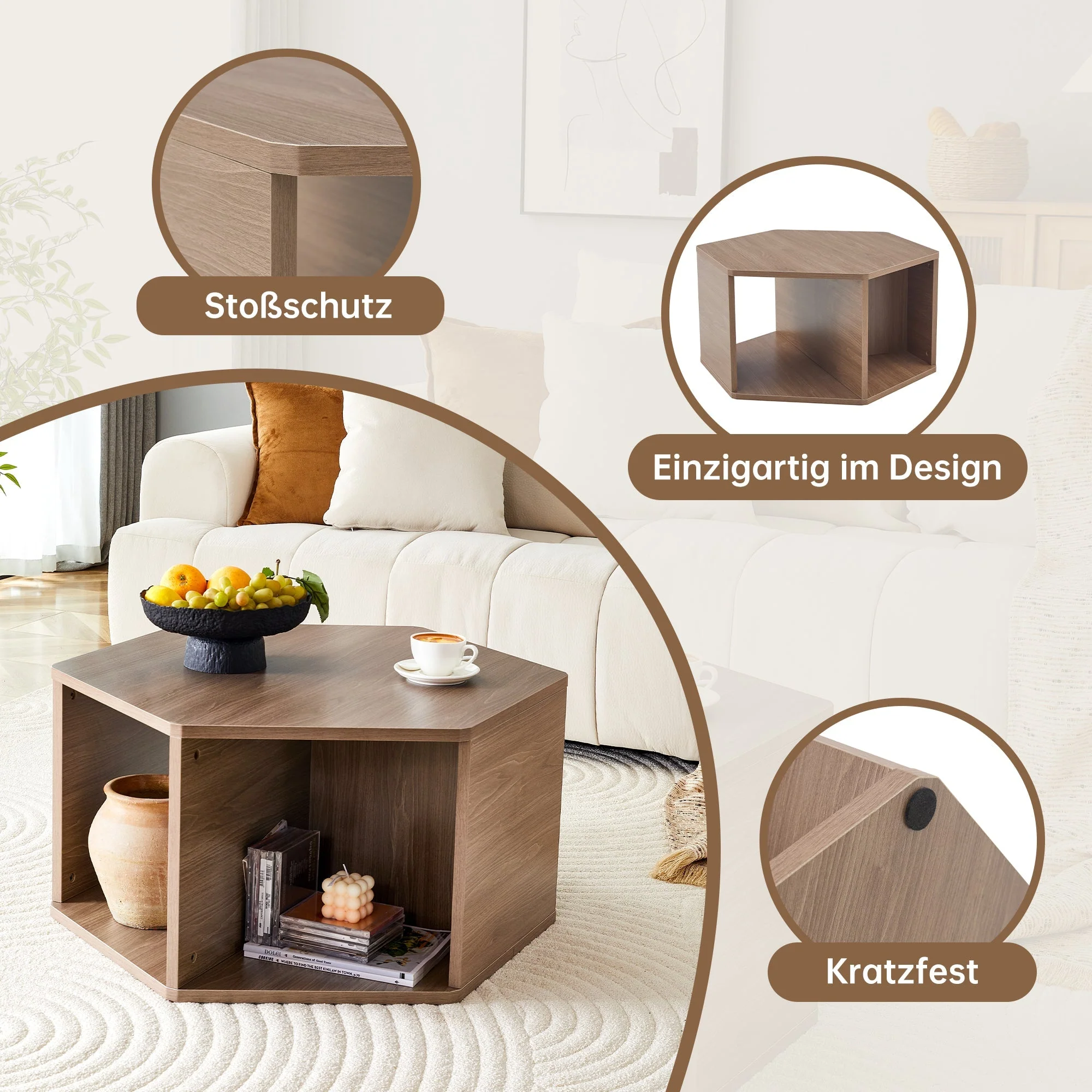 Hexagonal Coffee Table Multifunctional Modern Design 79x69.4x40 cm - Image 4