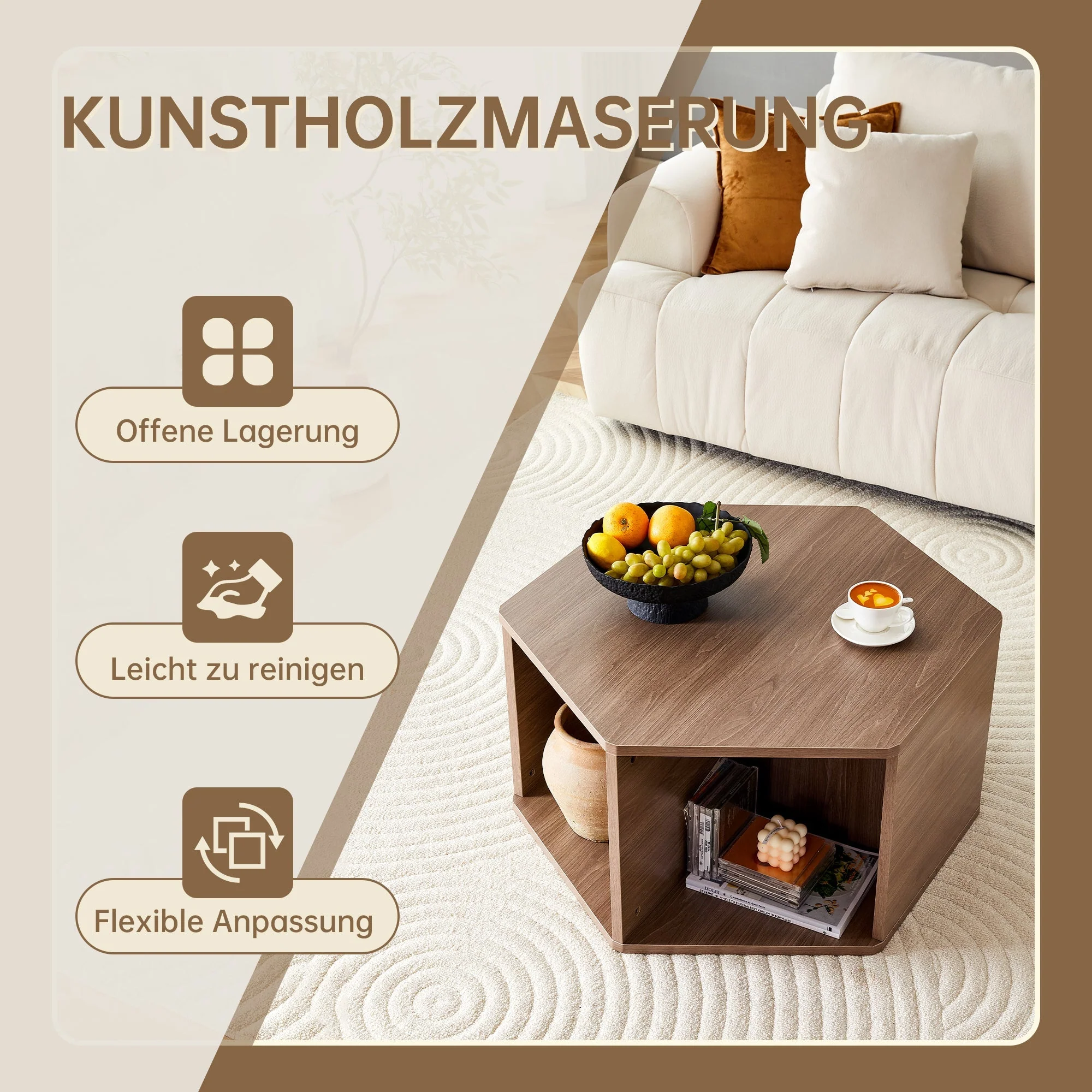 Hexagonal Coffee Table Multifunctional Modern Design 79x69.4x40 cm - Image 5