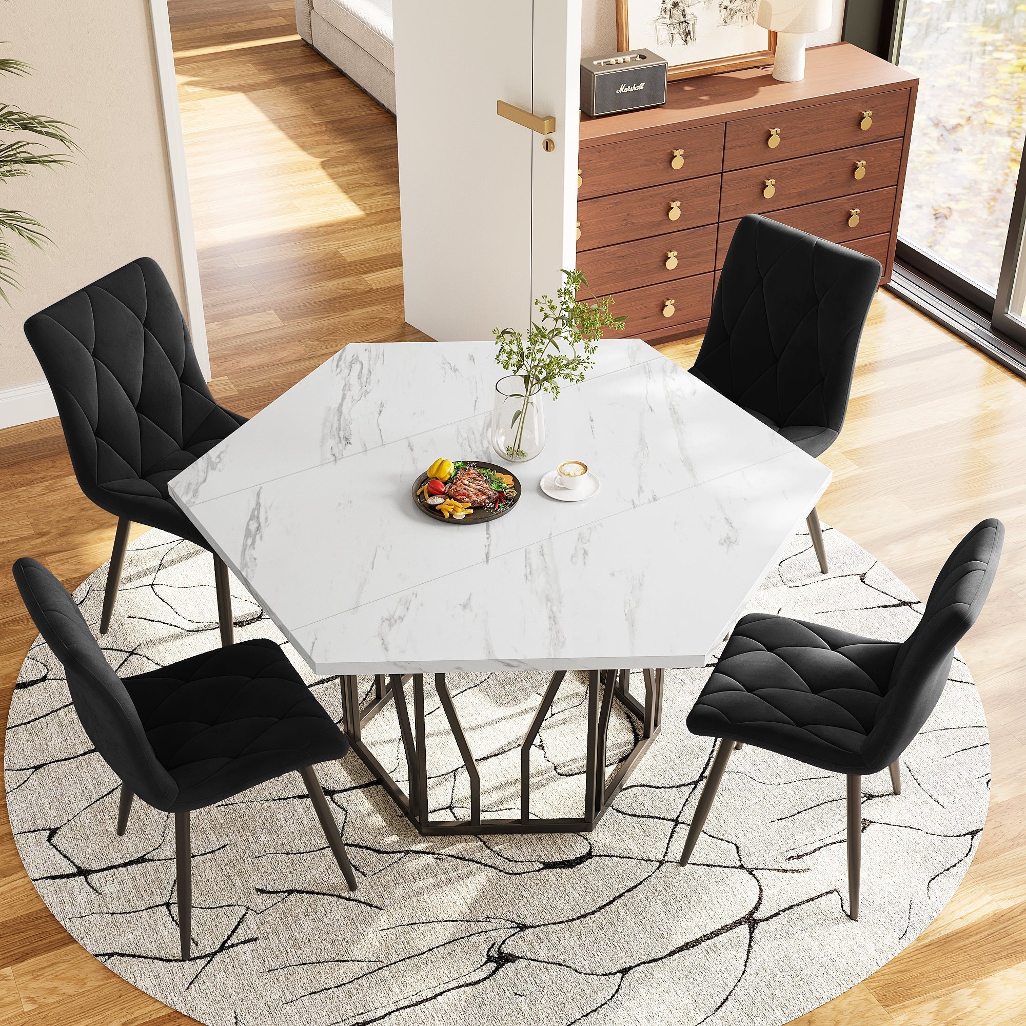 Hexagonal Dining Table Modern Marble Coffee Table Black Metal Base - Image 5
