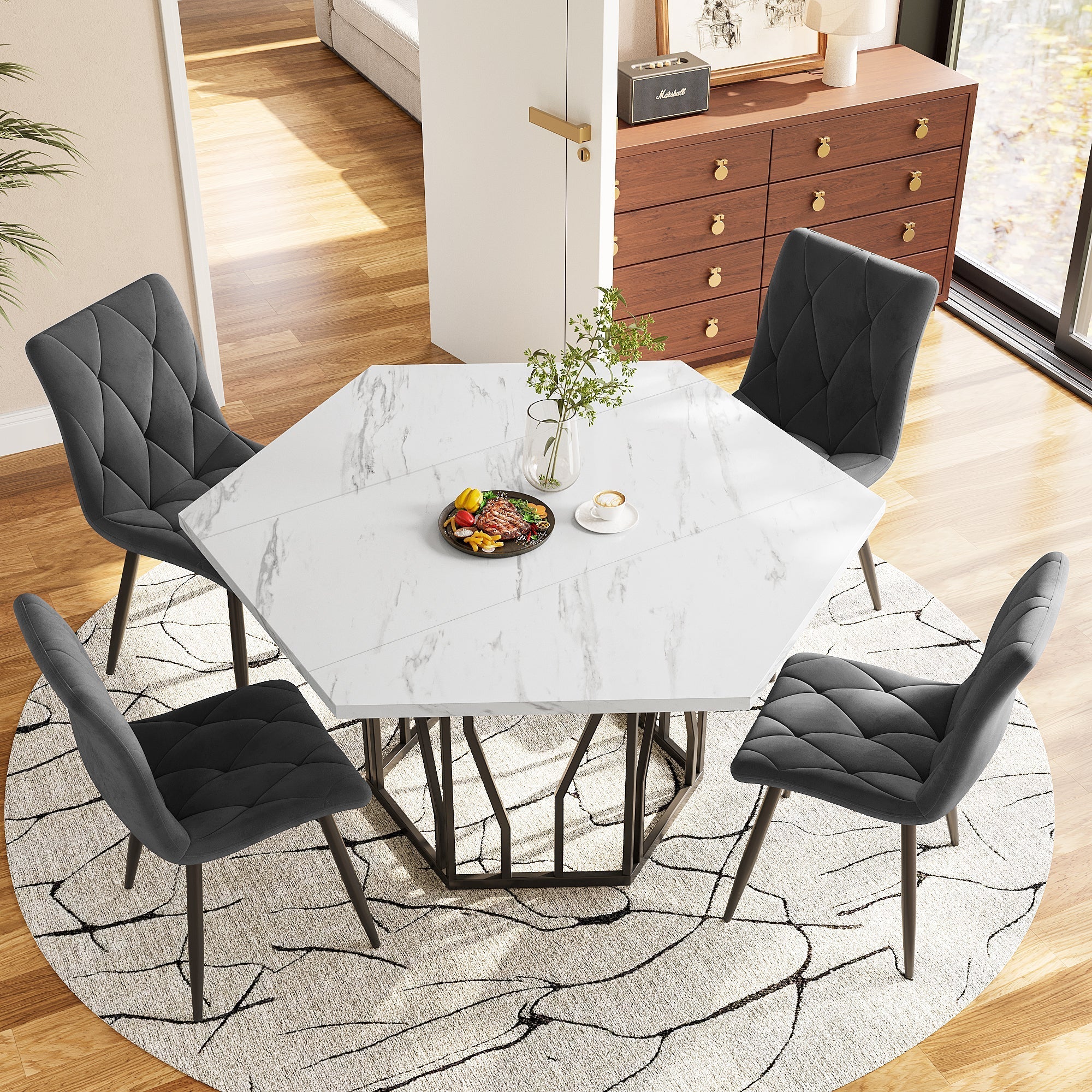 Hexagonal Dining Table Modern Marble Coffee Table Black Metal Base - Image 6