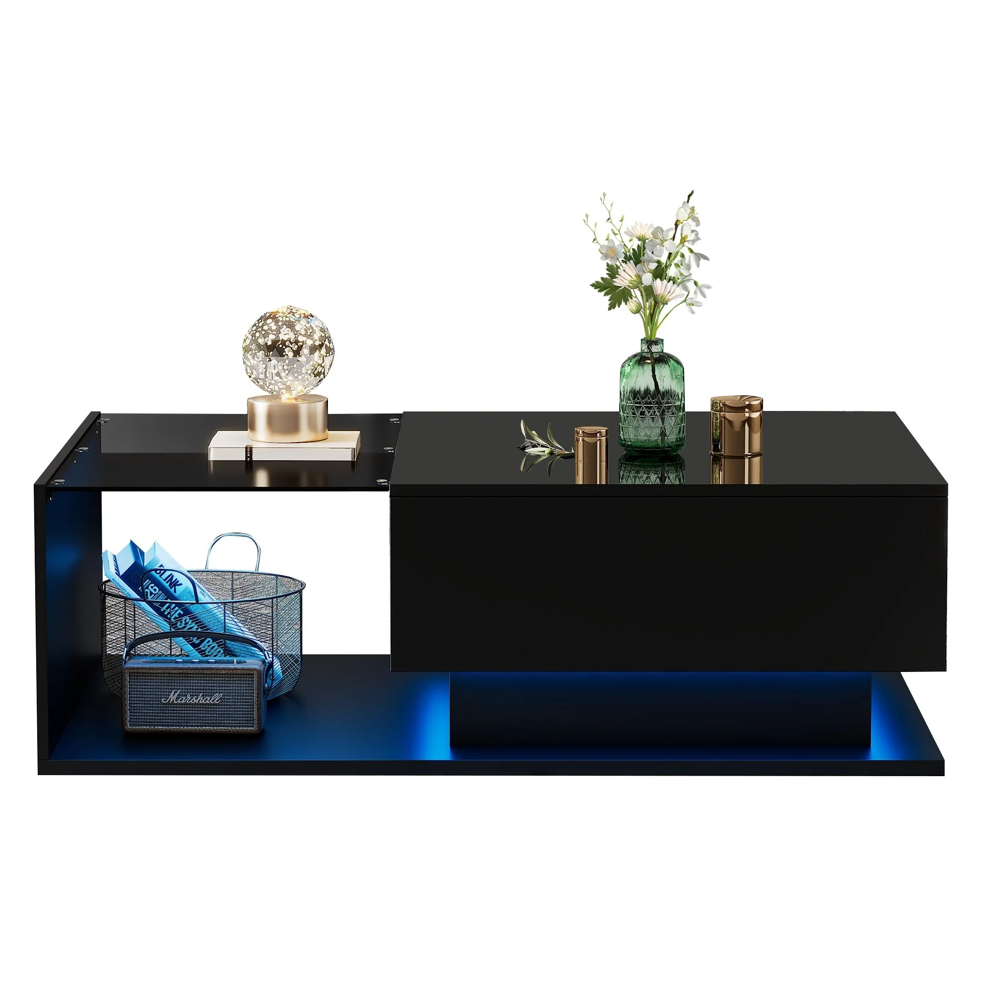 High-gloss Black Coffee Table with Glass Top & Drawers - Image 2