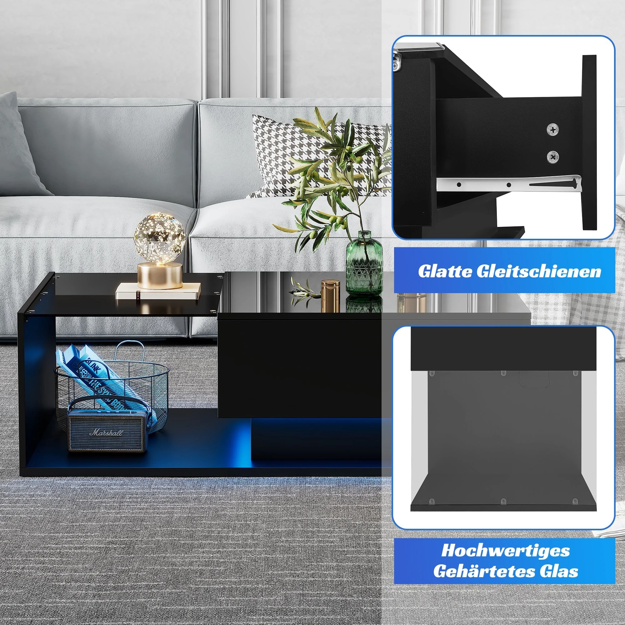 High-gloss Black Coffee Table with Glass Top & Drawers - Image 7