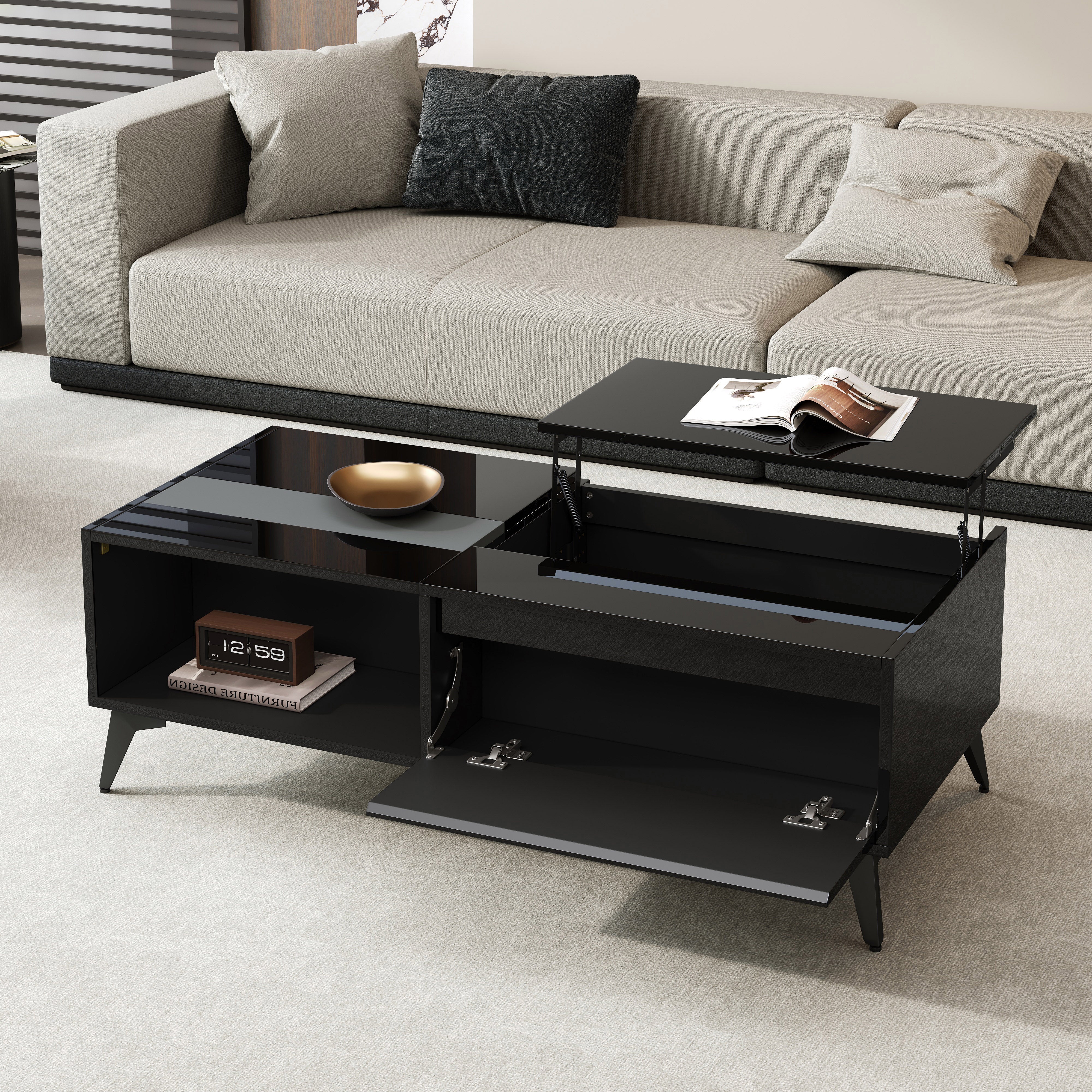 High-Gloss Coffee Table Height-Adjustable Folding Dining Table - Black - Image 10