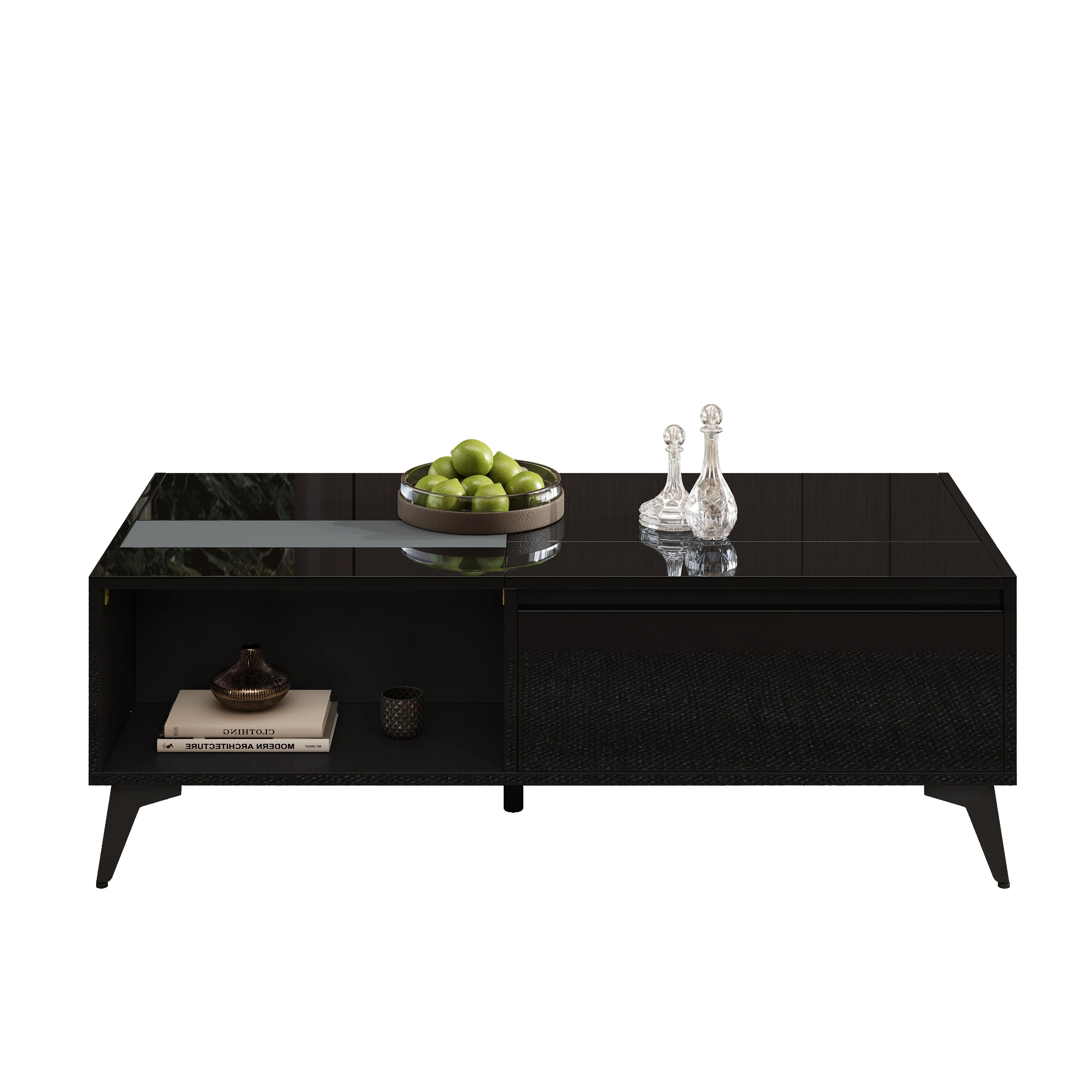 High-Gloss Coffee Table Height-Adjustable Folding Dining Table - Black - Image 2
