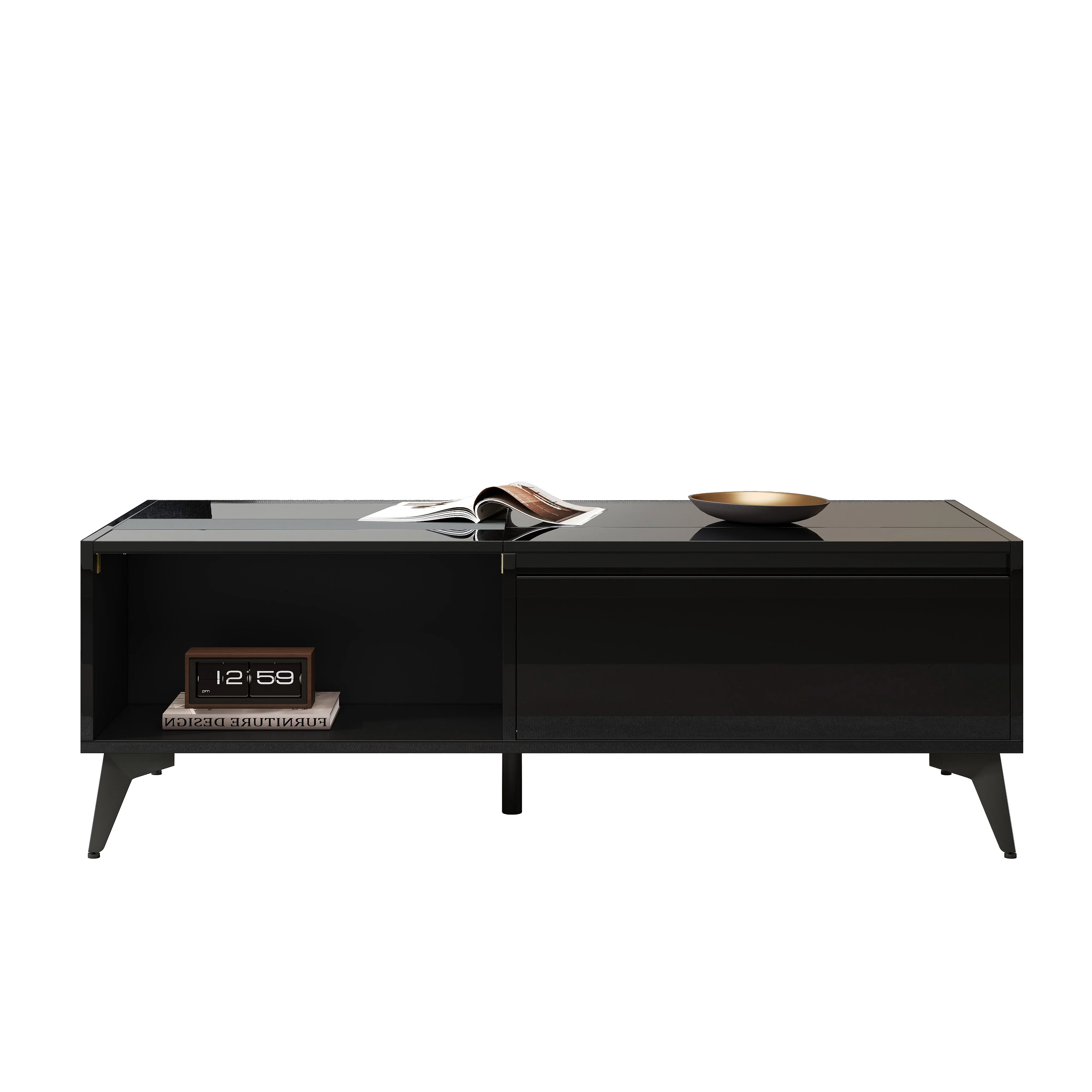High-Gloss Coffee Table Height-Adjustable Folding Dining Table - Black - Image 3