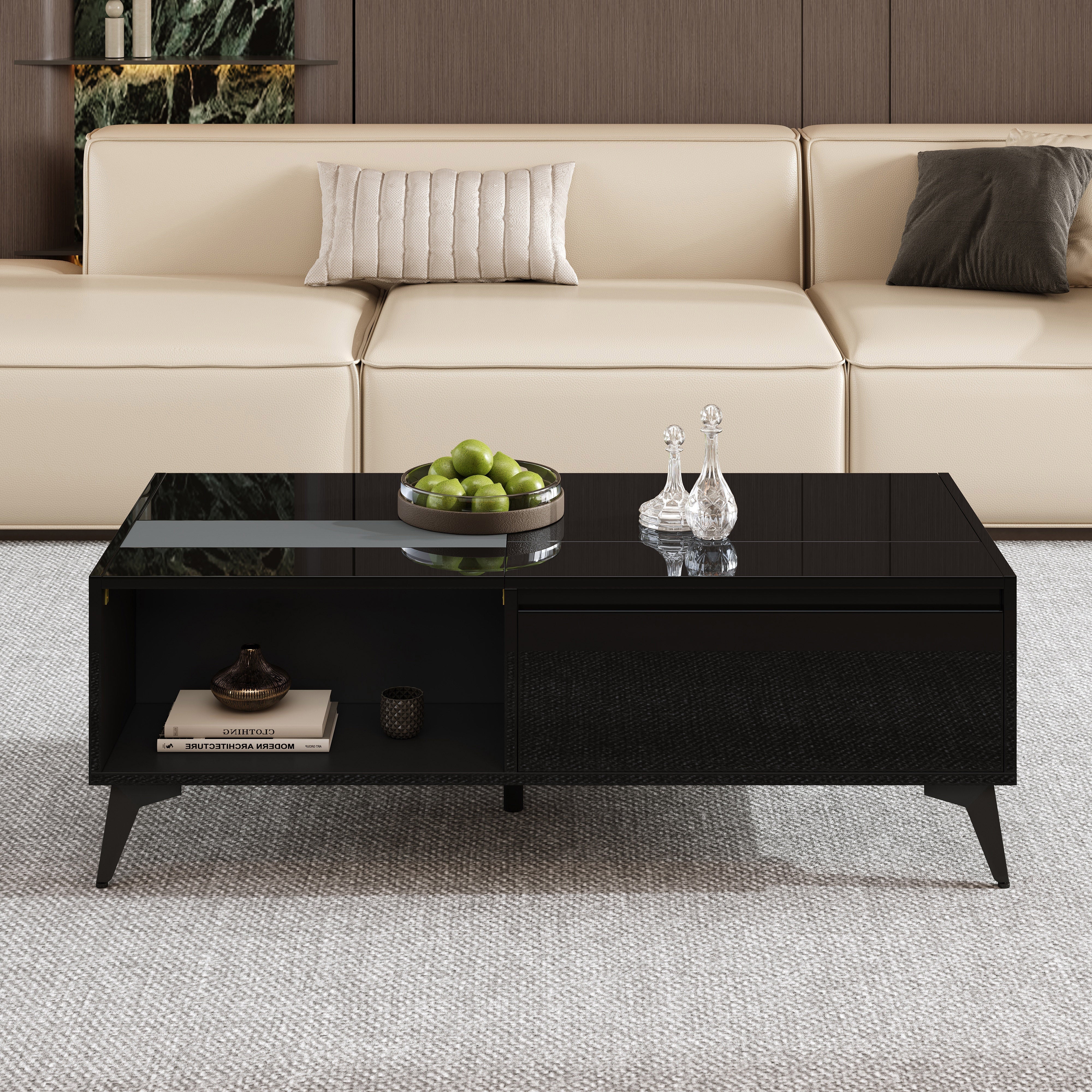 High-Gloss Coffee Table Height-Adjustable Folding Dining Table - Black - Image 4
