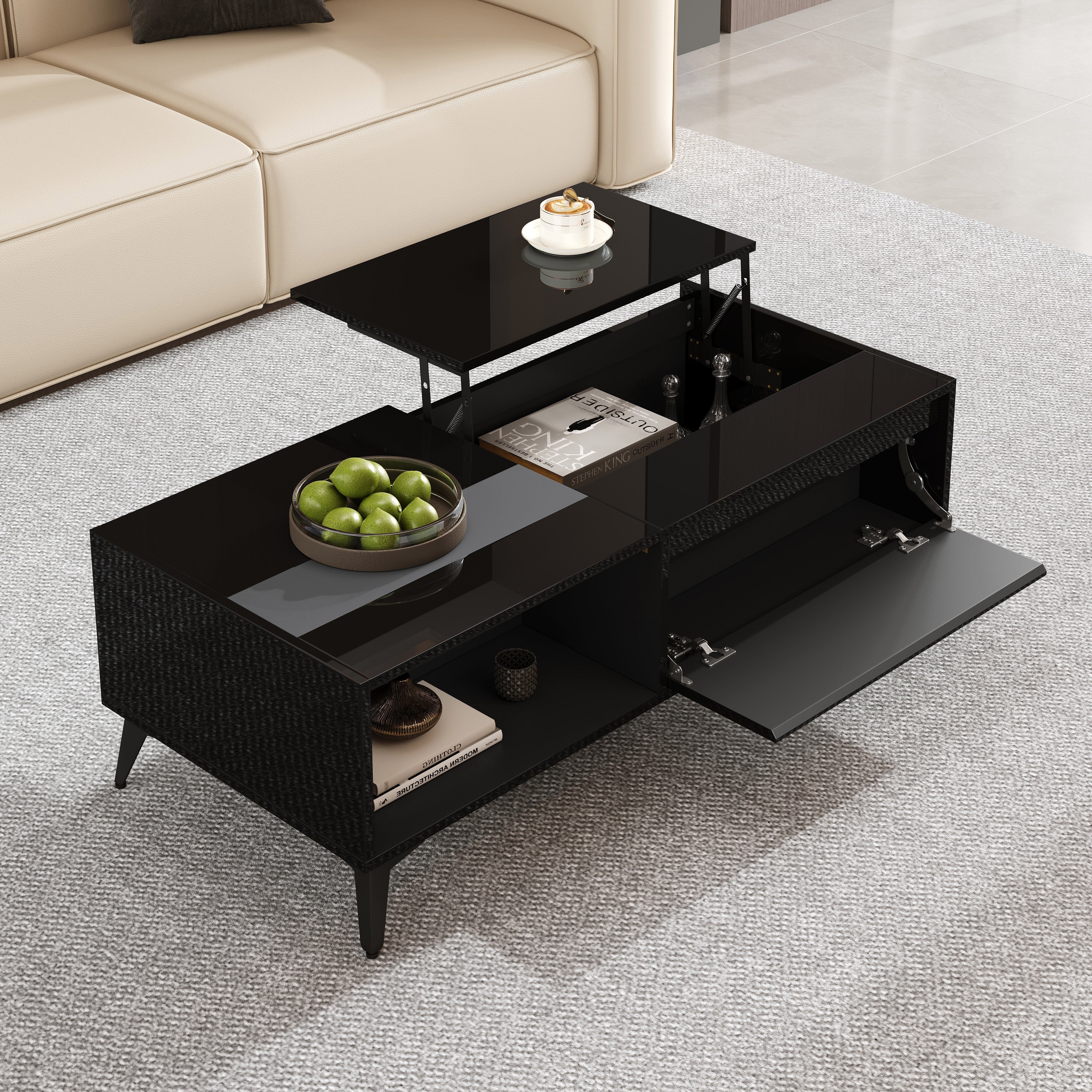 High-Gloss Coffee Table Height-Adjustable Folding Dining Table - Black - Image 5