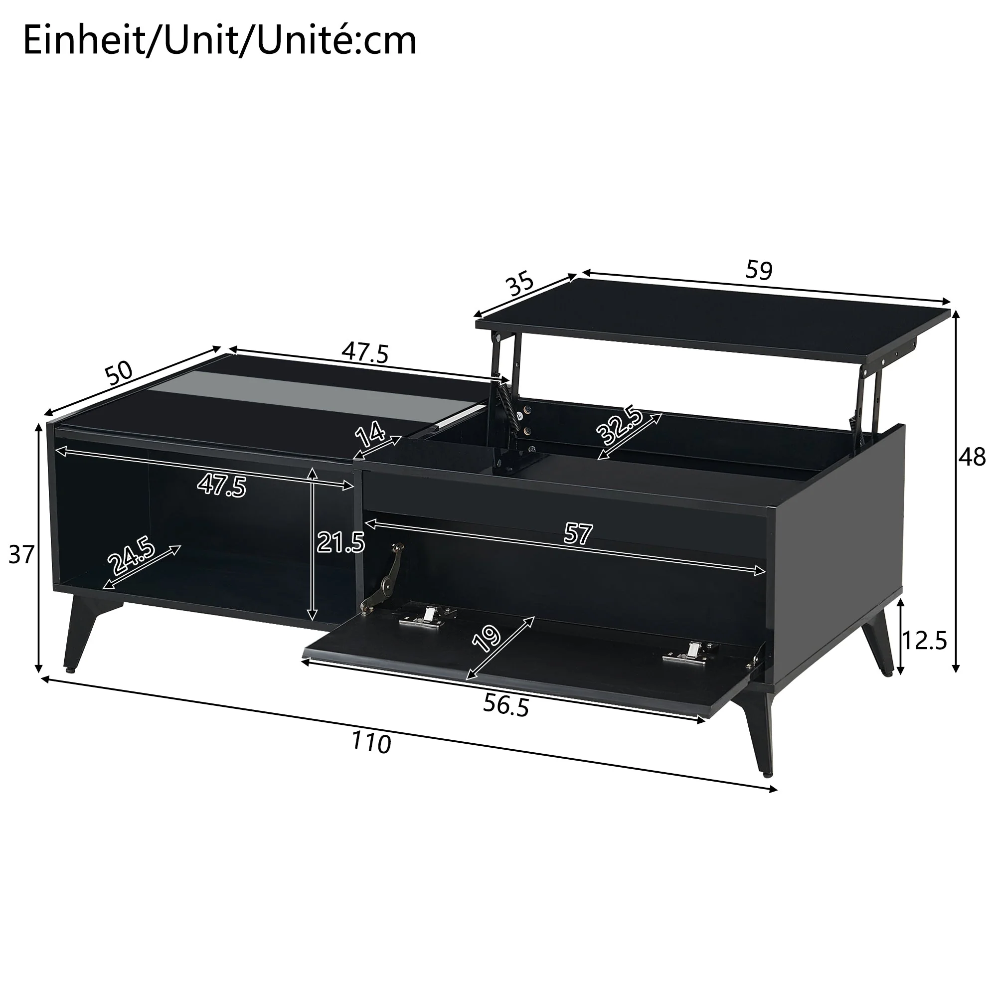 High-Gloss Coffee Table Height-Adjustable Folding Dining Table - Black - Image 6
