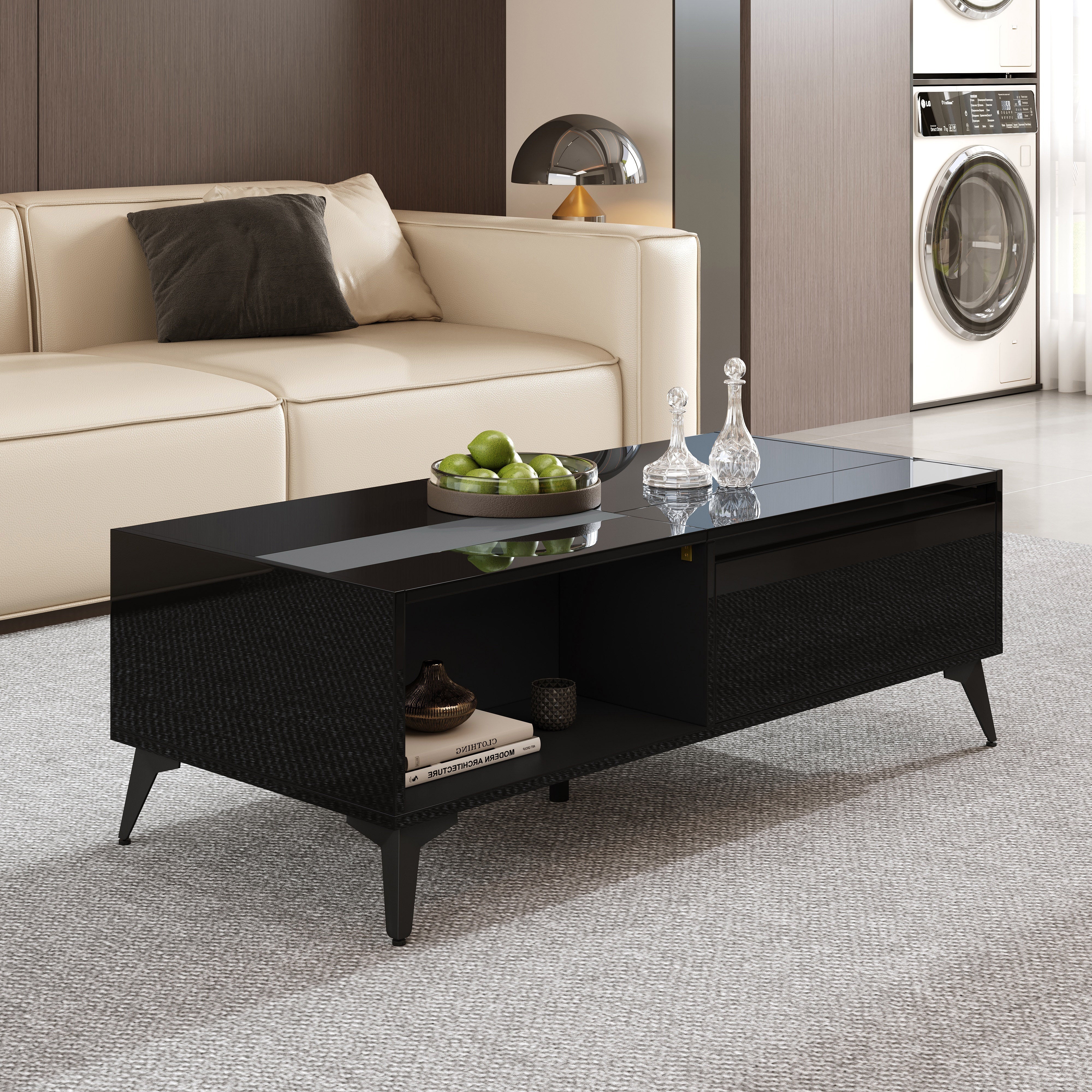 High-Gloss Coffee Table Height-Adjustable Folding Dining Table - Black - Image 7