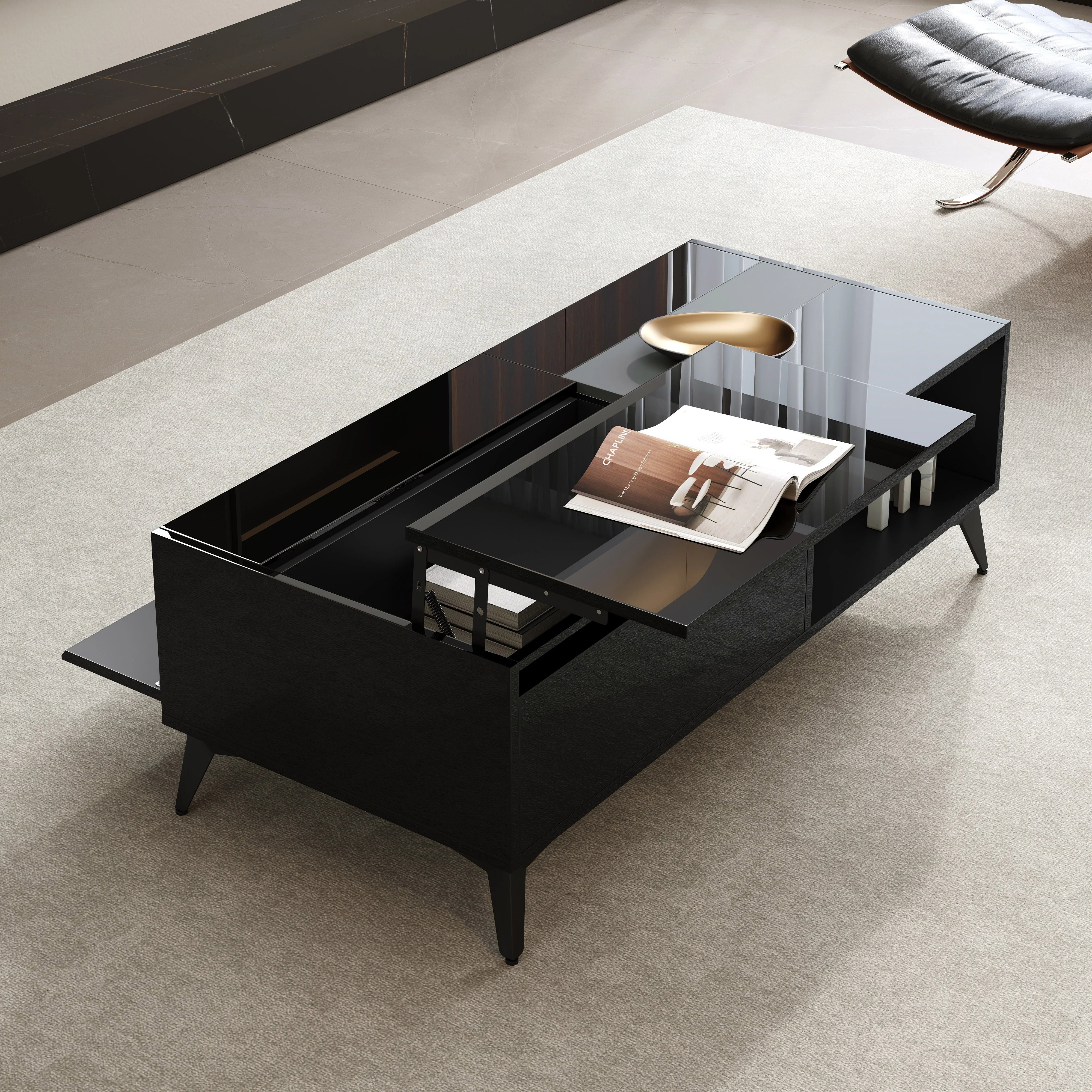 High-Gloss Coffee Table Height-Adjustable Folding Dining Table - Black - Image 8