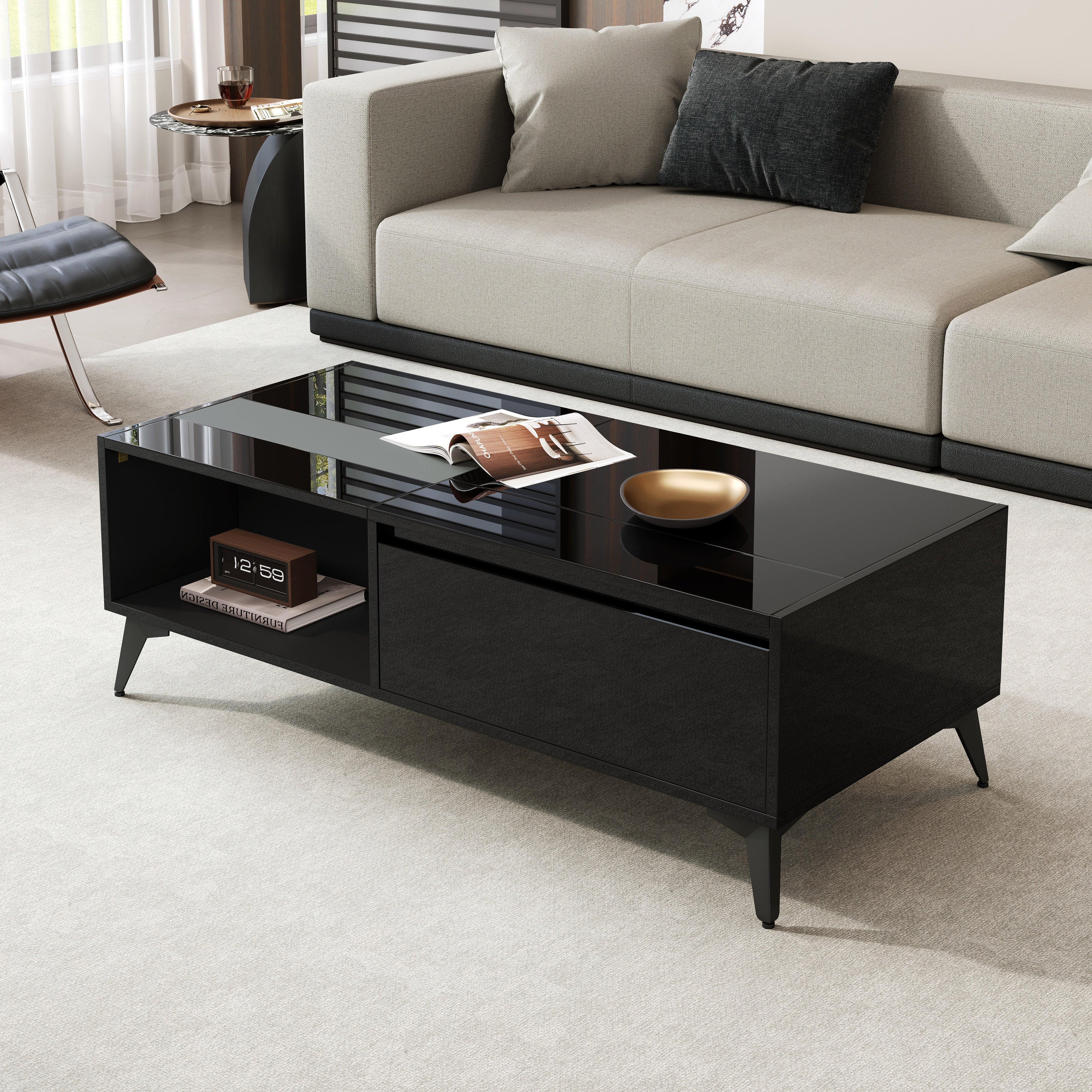 High-Gloss Coffee Table Height-Adjustable Folding Dining Table - Black - Image 9