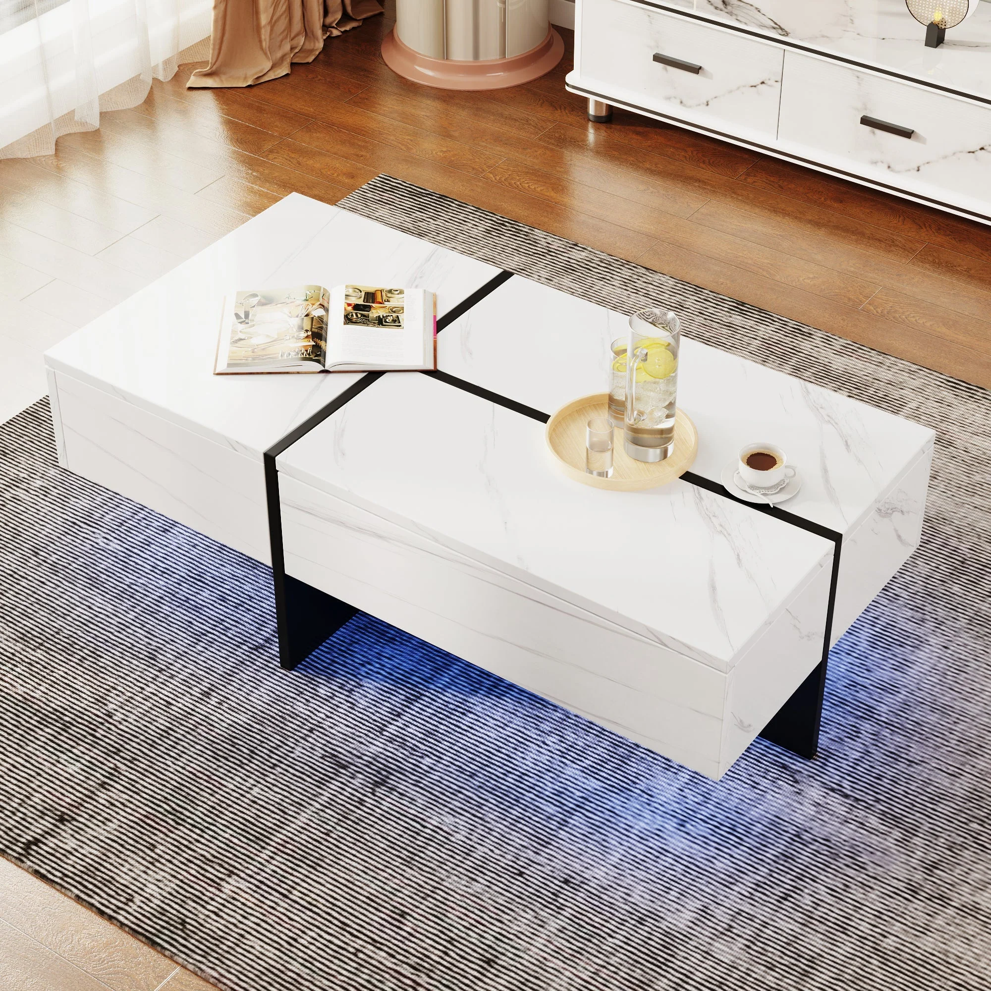 High-Gloss Coffee Table, LED Lighting and Drawers, White Marble-Effect - Image 6