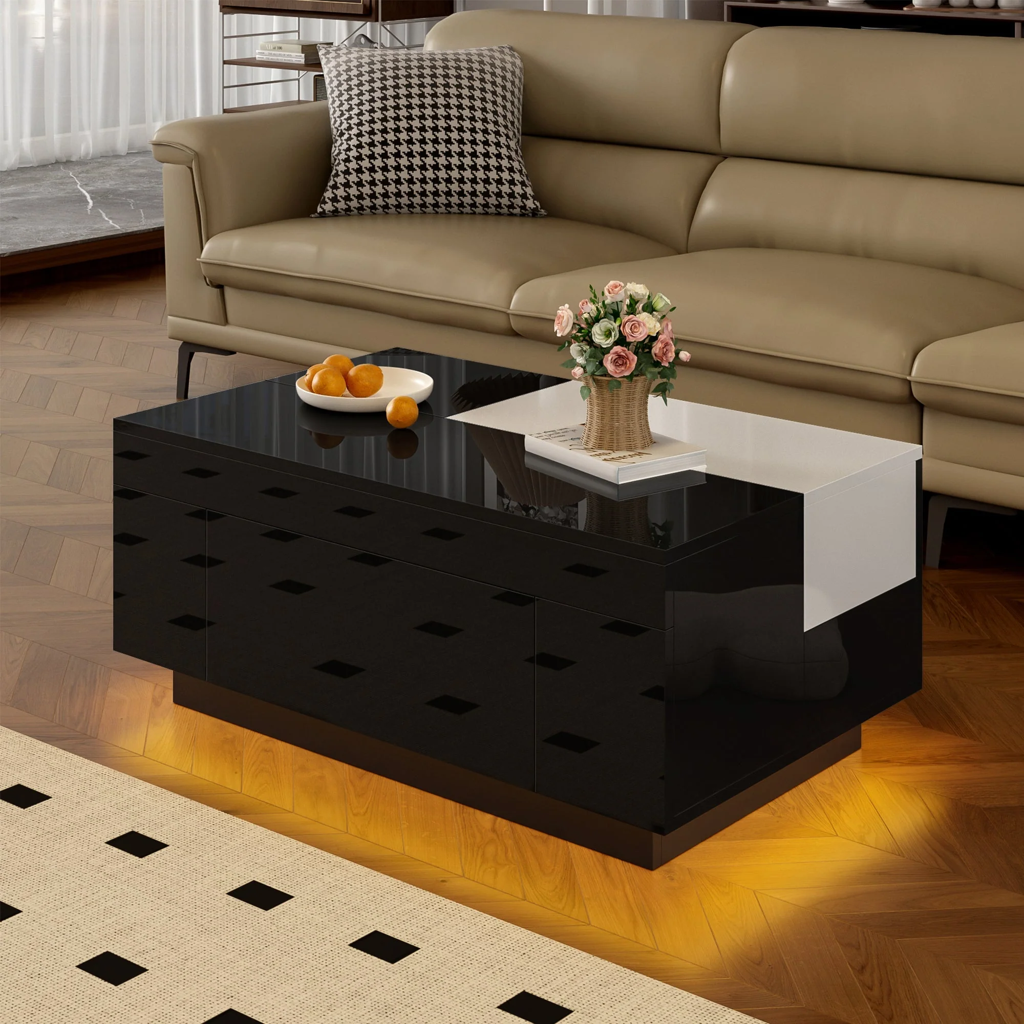 High-gloss Coffee Table with LED Lighting, Extendable, Storage, Black and White - Image 6
