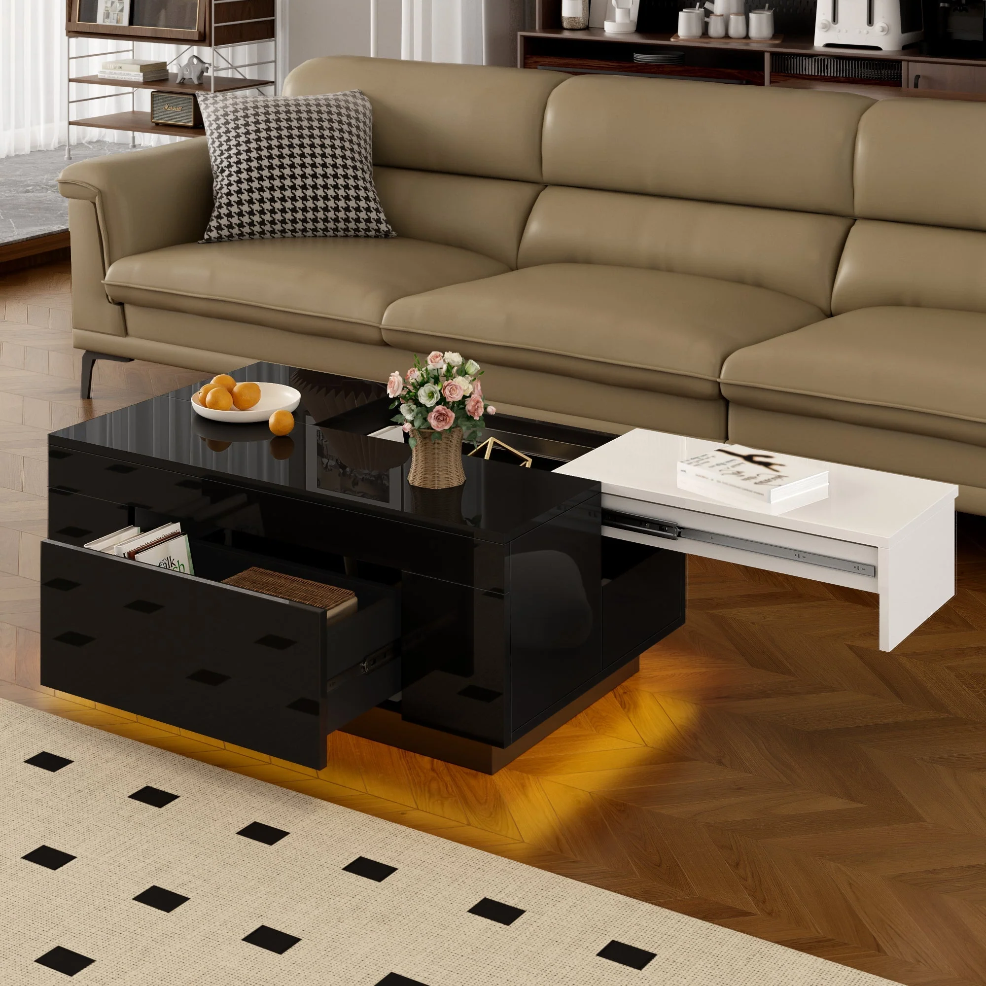 High-gloss Coffee Table with LED Lighting, Extendable, Storage, Black and White - Image 8