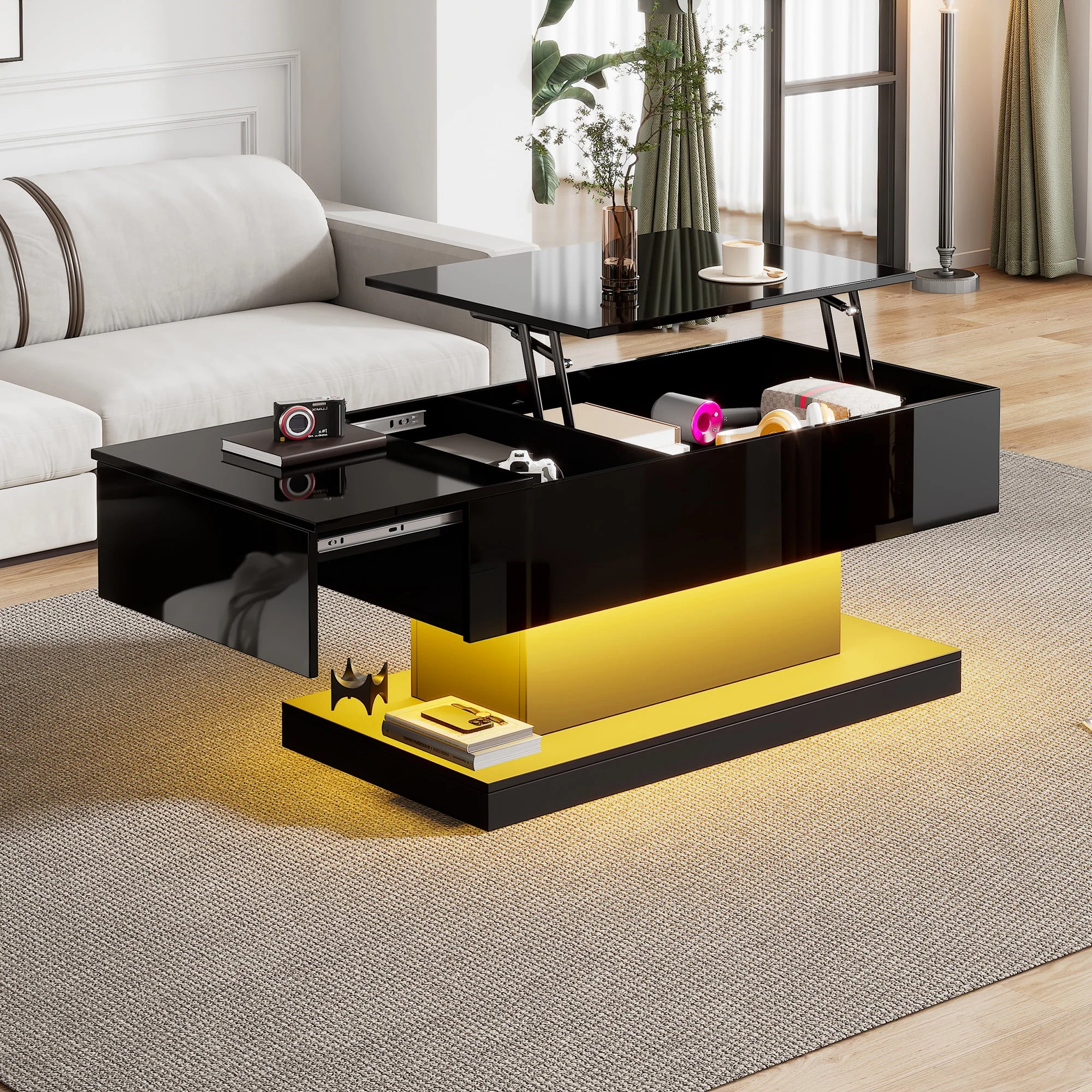 High-gloss Lift-Up Tea Table, LED Coffee Table with Storage, 100x50x45 cm - Image 3