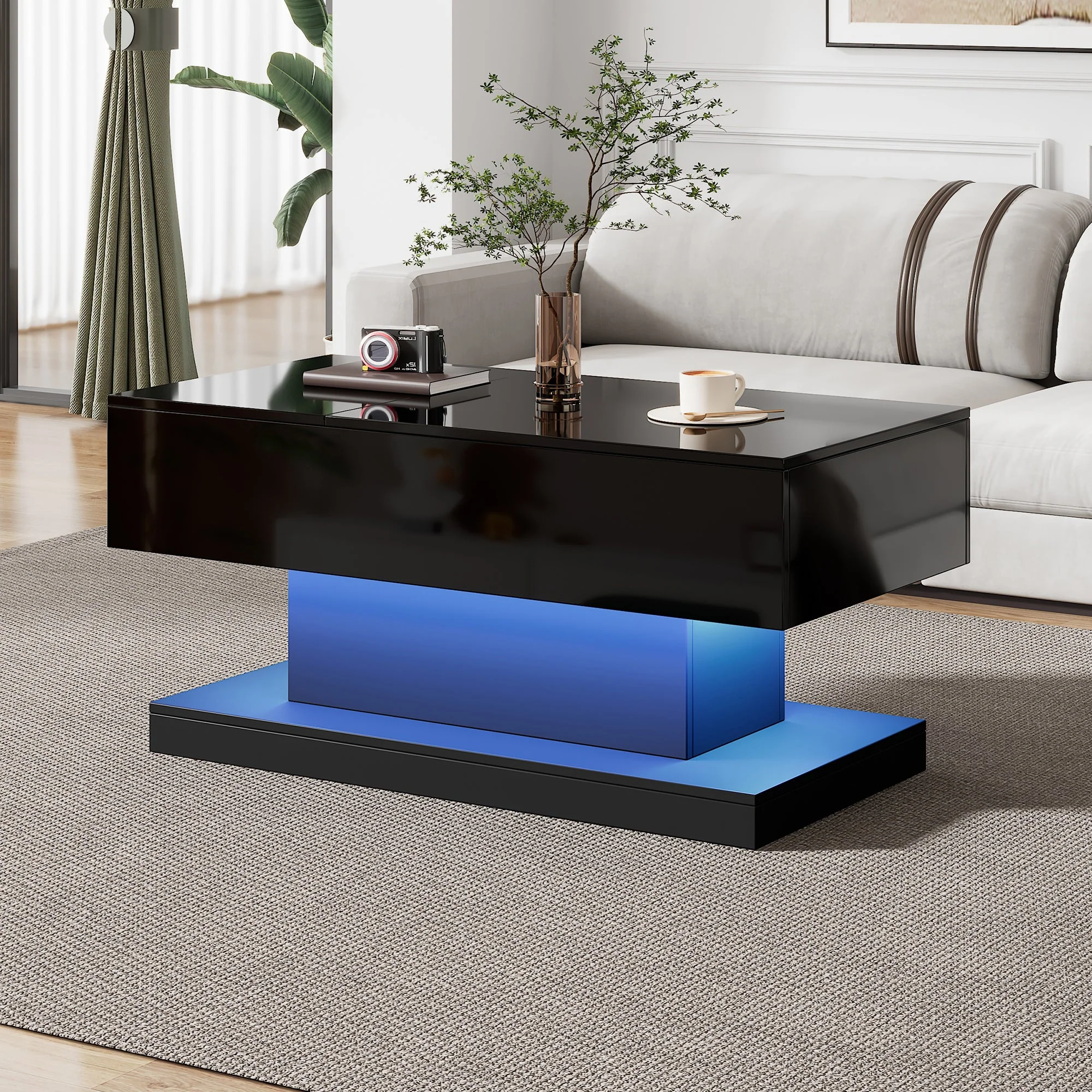 High-gloss Lift-Up Tea Table, LED Coffee Table with Storage, 100x50x45 cm - Image 5