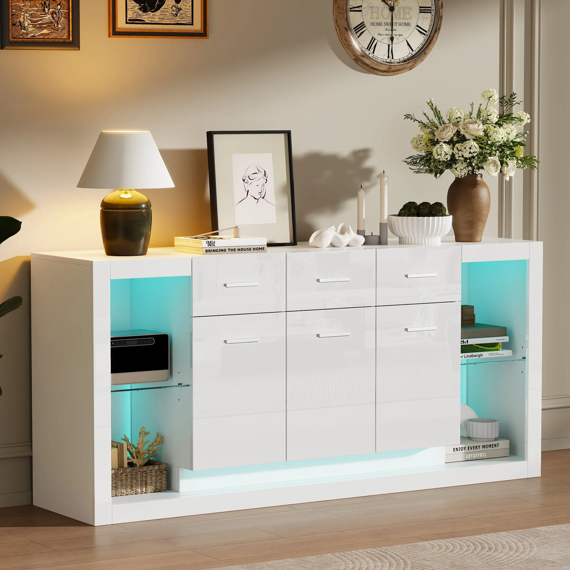 High-Gloss Sideboard 160cm with LED Light and 3 Drawers - White - Image 3
