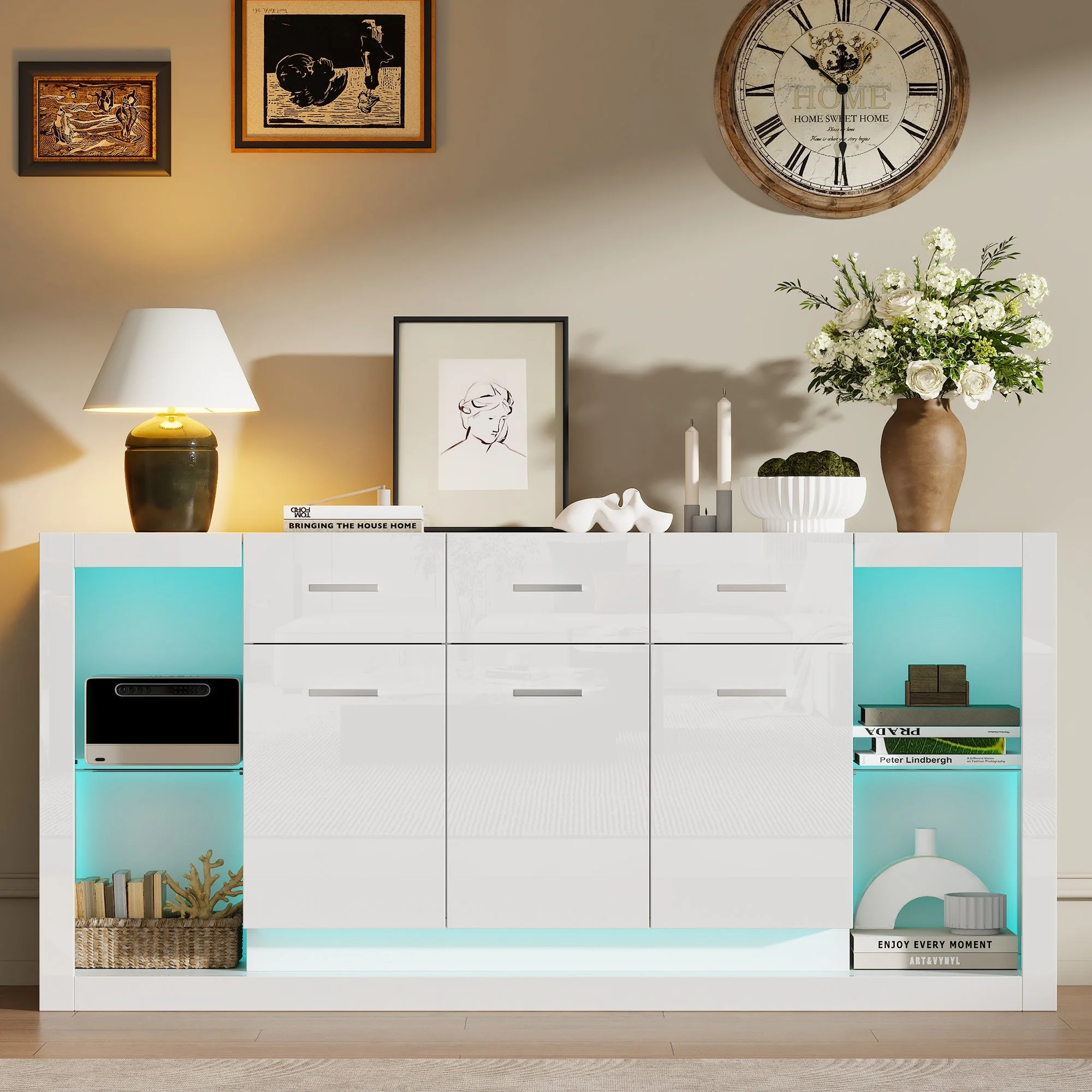 High-Gloss Sideboard 160cm with LED Light and 3 Drawers - White - Image 4