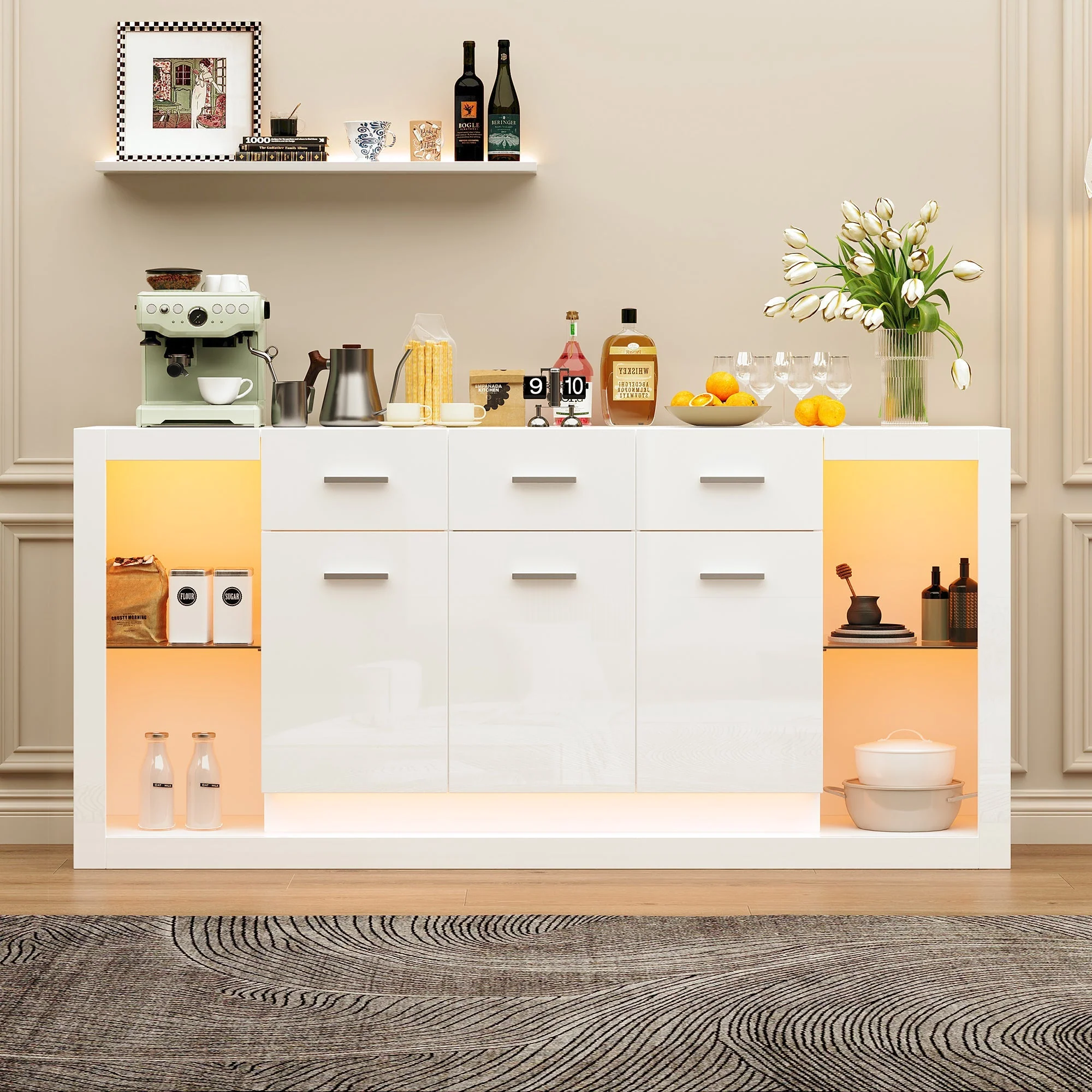 High-Gloss Sideboard 160cm with LED Light and 3 Drawers - White - Image 5