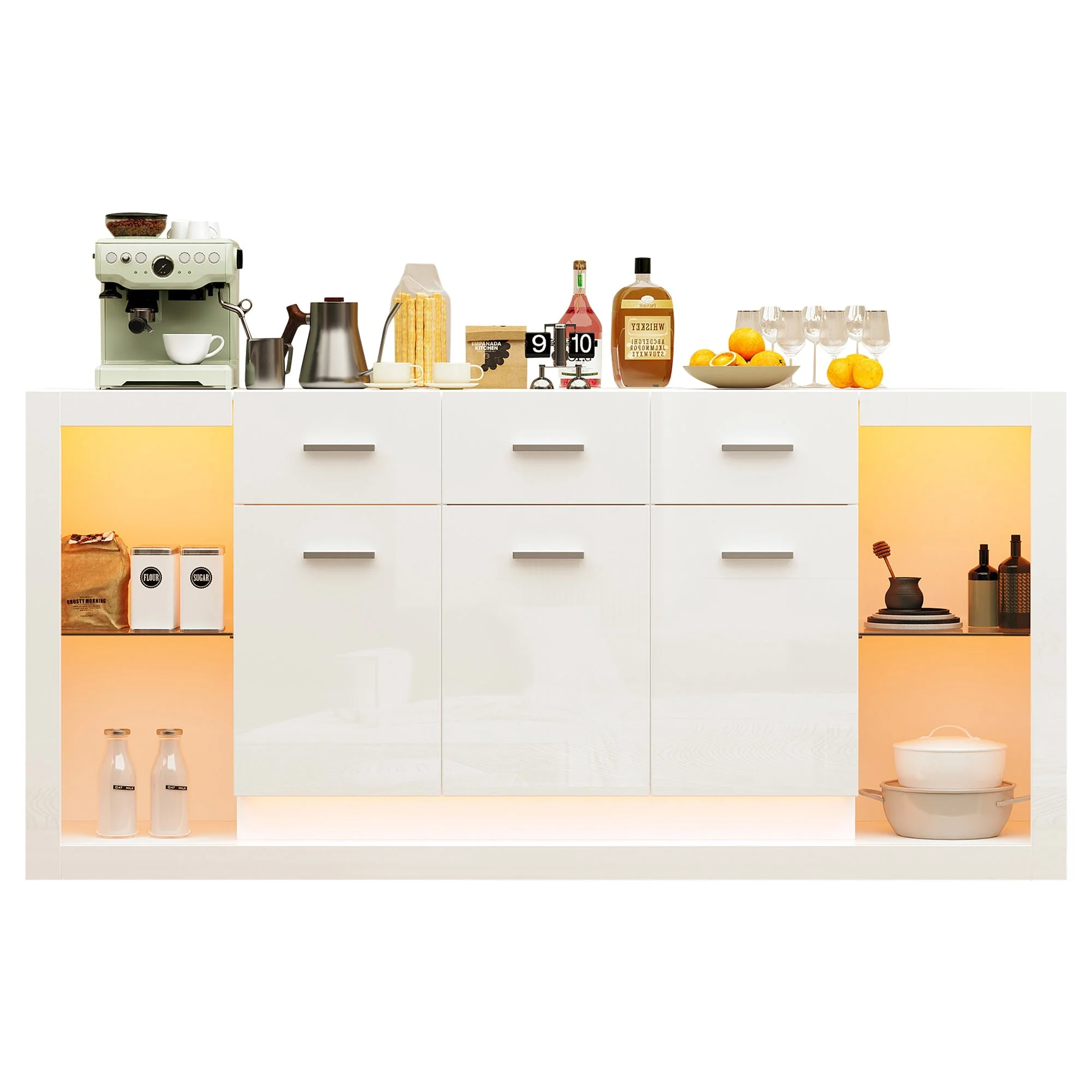 High-Gloss Sideboard 160cm with LED Light and 3 Drawers - White - Image 7