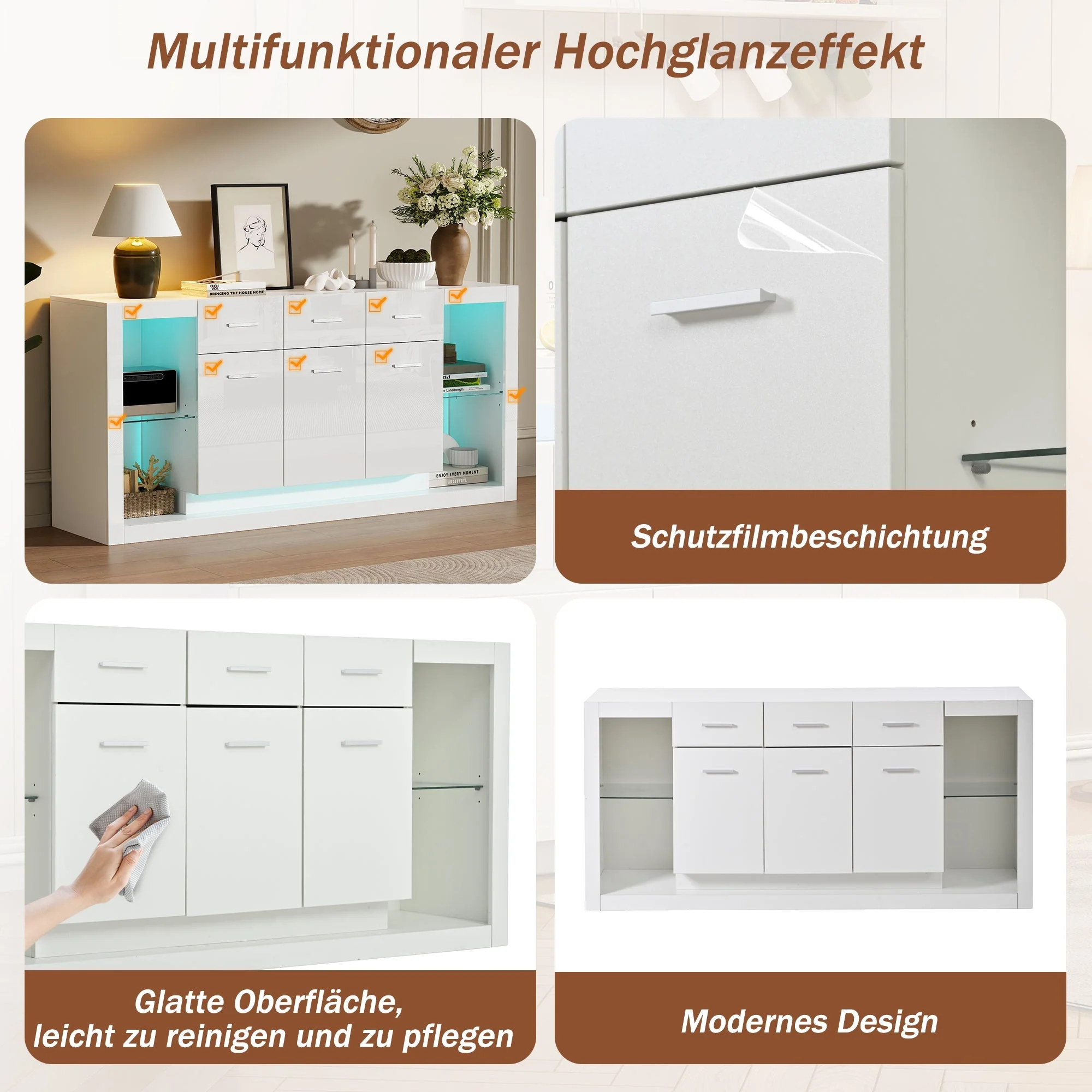 High-Gloss Sideboard 160cm with LED Light and 3 Drawers - White - Image 9