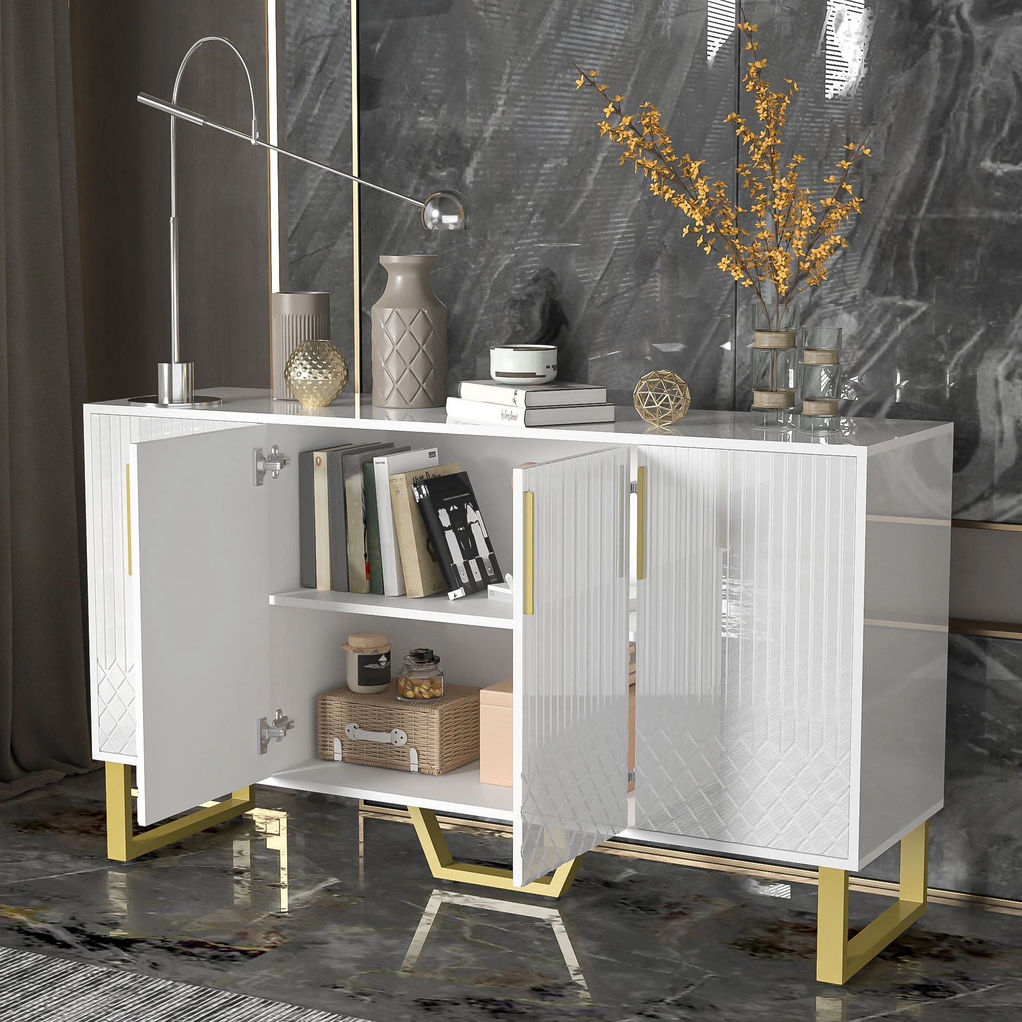 High-gloss Sideboard, 4 Doors, Metal Handles & Legs, White - Image 7