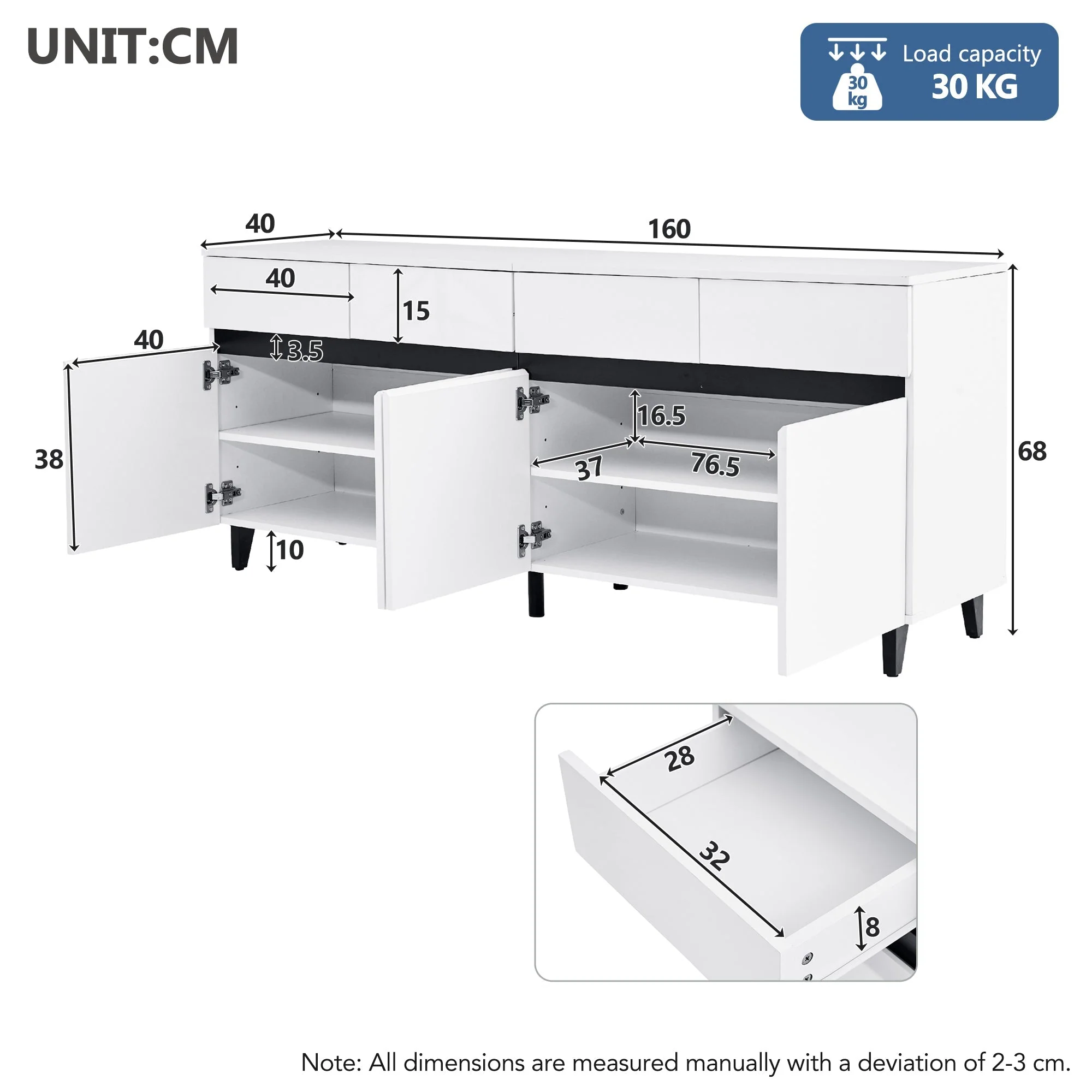 High-Gloss Sideboard 4 Drawers 2 Doors Adjustable Shelves - Image 10