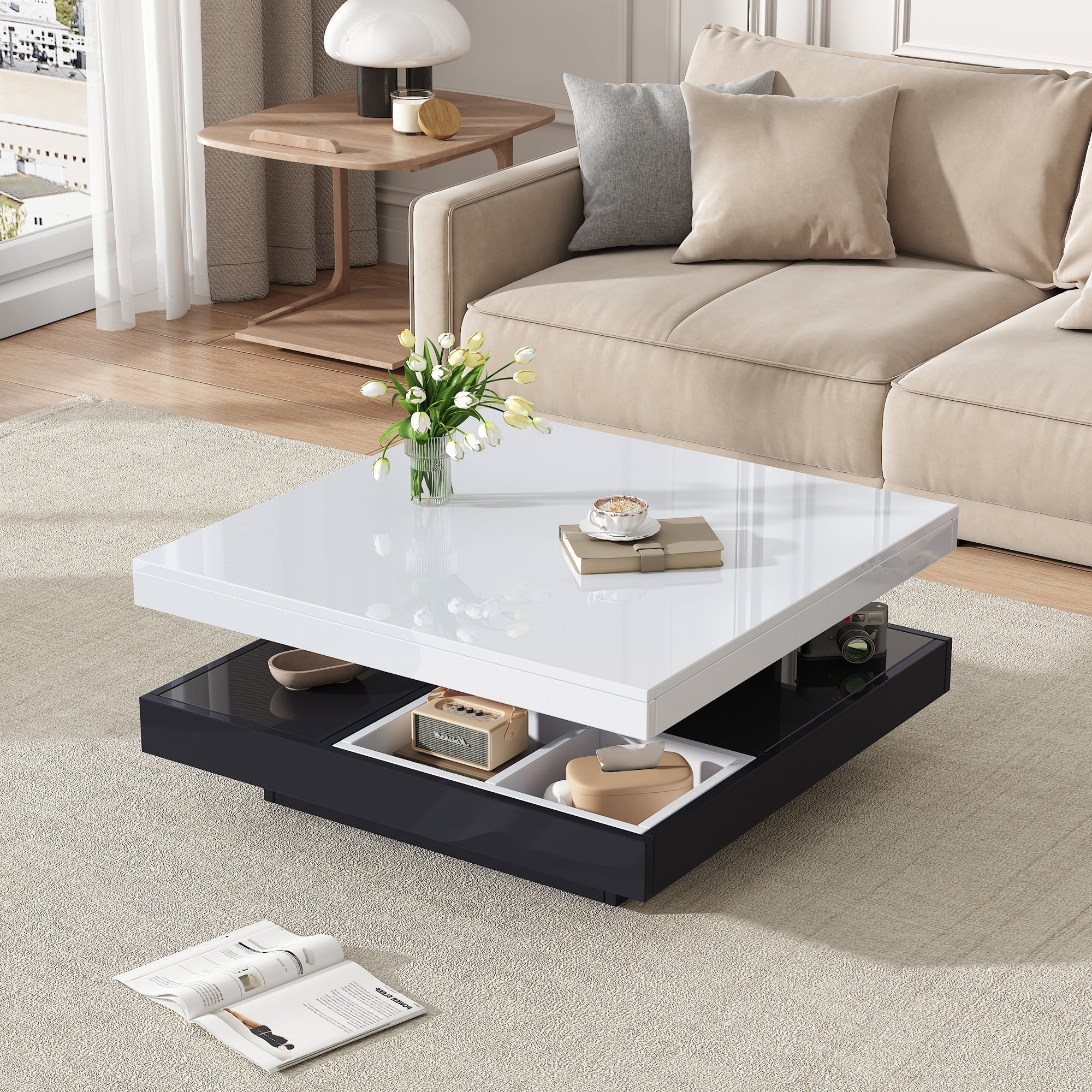 High-gloss tabletop coffee table, 360° rotatable, 2-tier with storage, white and black - Image 4