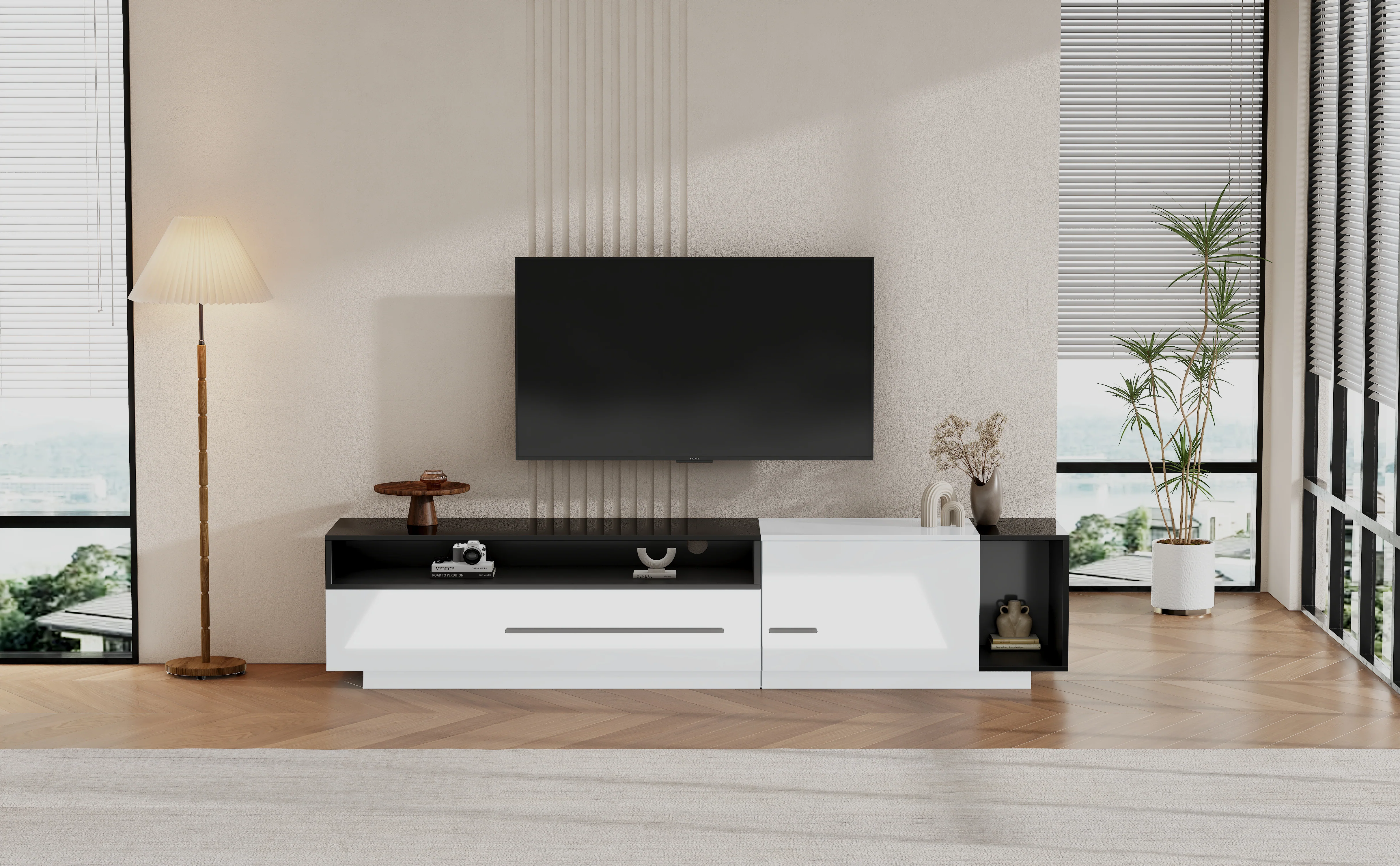 High-Gloss TV Cabinet, 170cm Lowboard for 70-inch TVs with Drawer & Door - Image 5