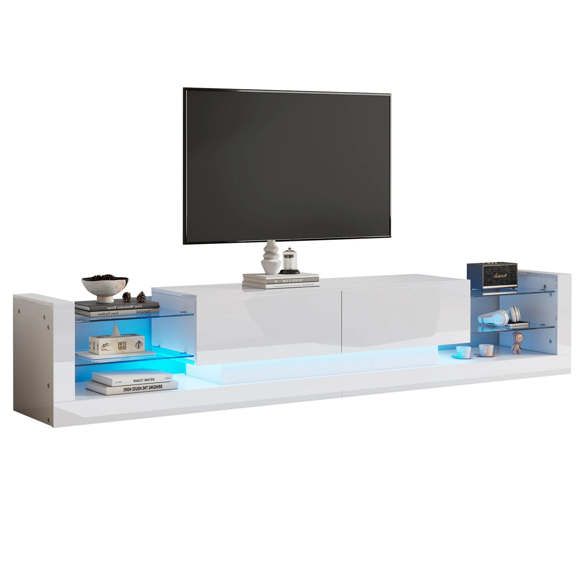 High-Gloss TV Cabinet, 181cm LED Lit, 80-inch Capacity with Glass Front and Two Folding Drawers - Image 6