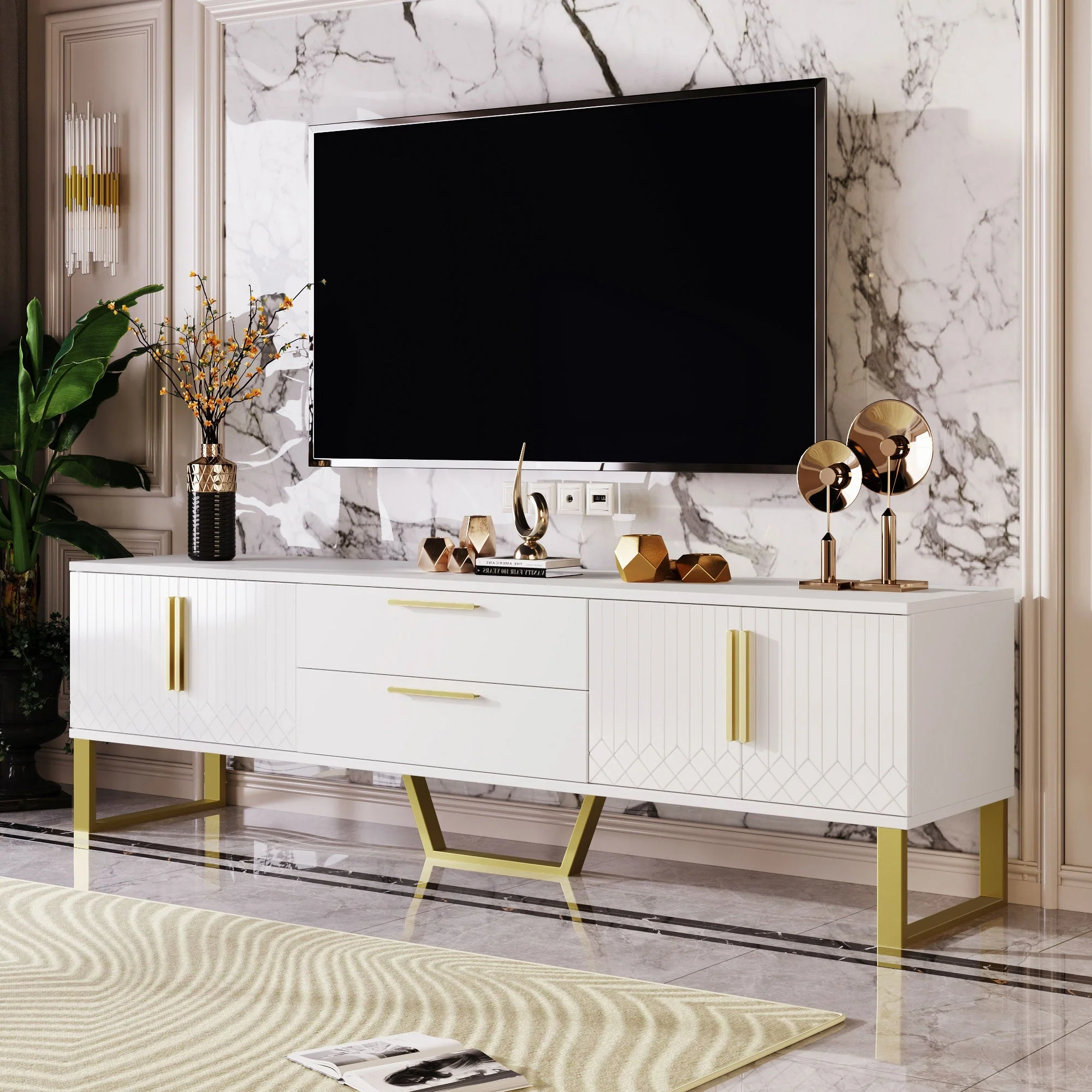 High-Gloss TV Cabinet Engraved Door Gold Handles & Feet Storage - Image 3