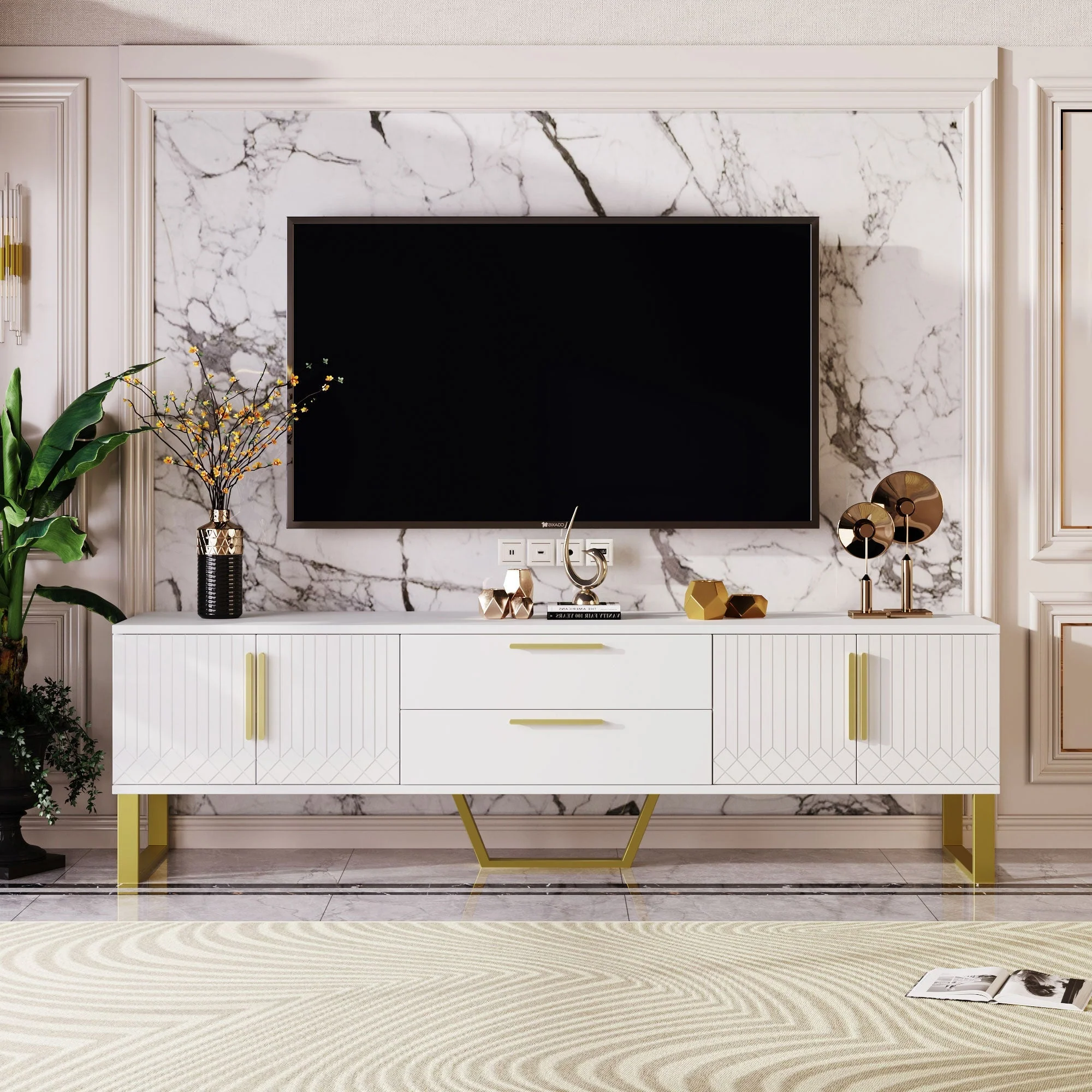 High-Gloss TV Cabinet Engraved Door Gold Handles & Feet Storage - Image 4