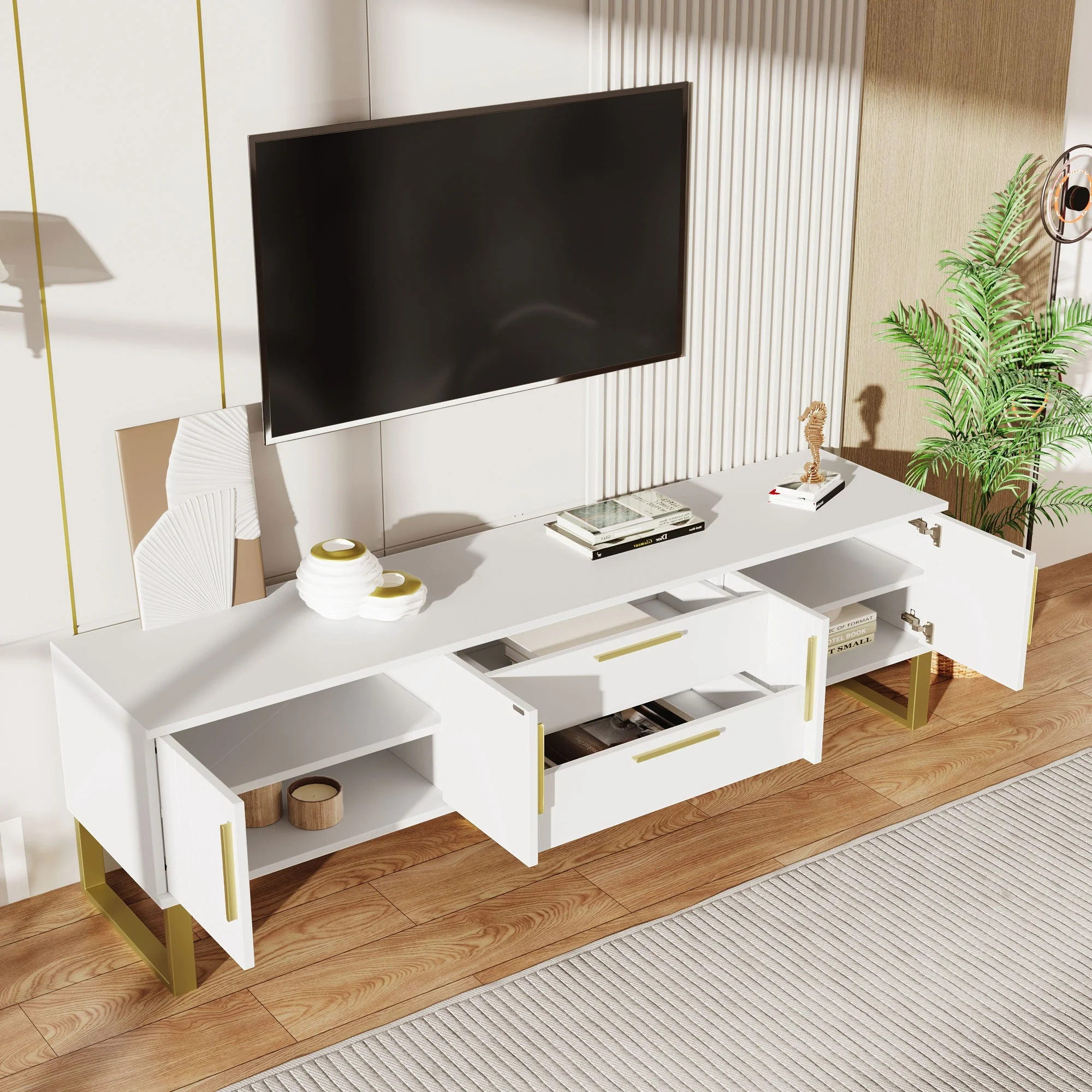 High-Gloss TV Cabinet Engraved Door Gold Handles & Feet Storage - Image 6