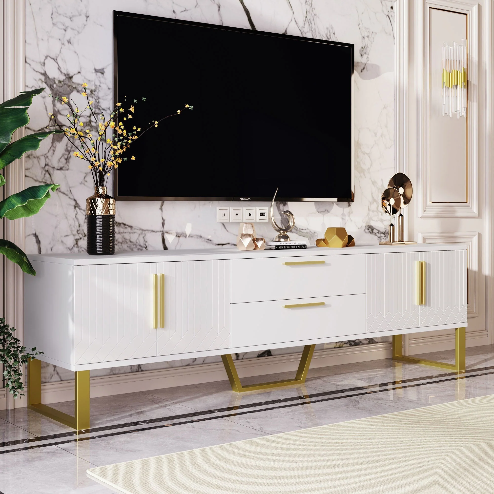 High-Gloss TV Cabinet Engraved Door Gold Handles & Feet Storage - Image 8