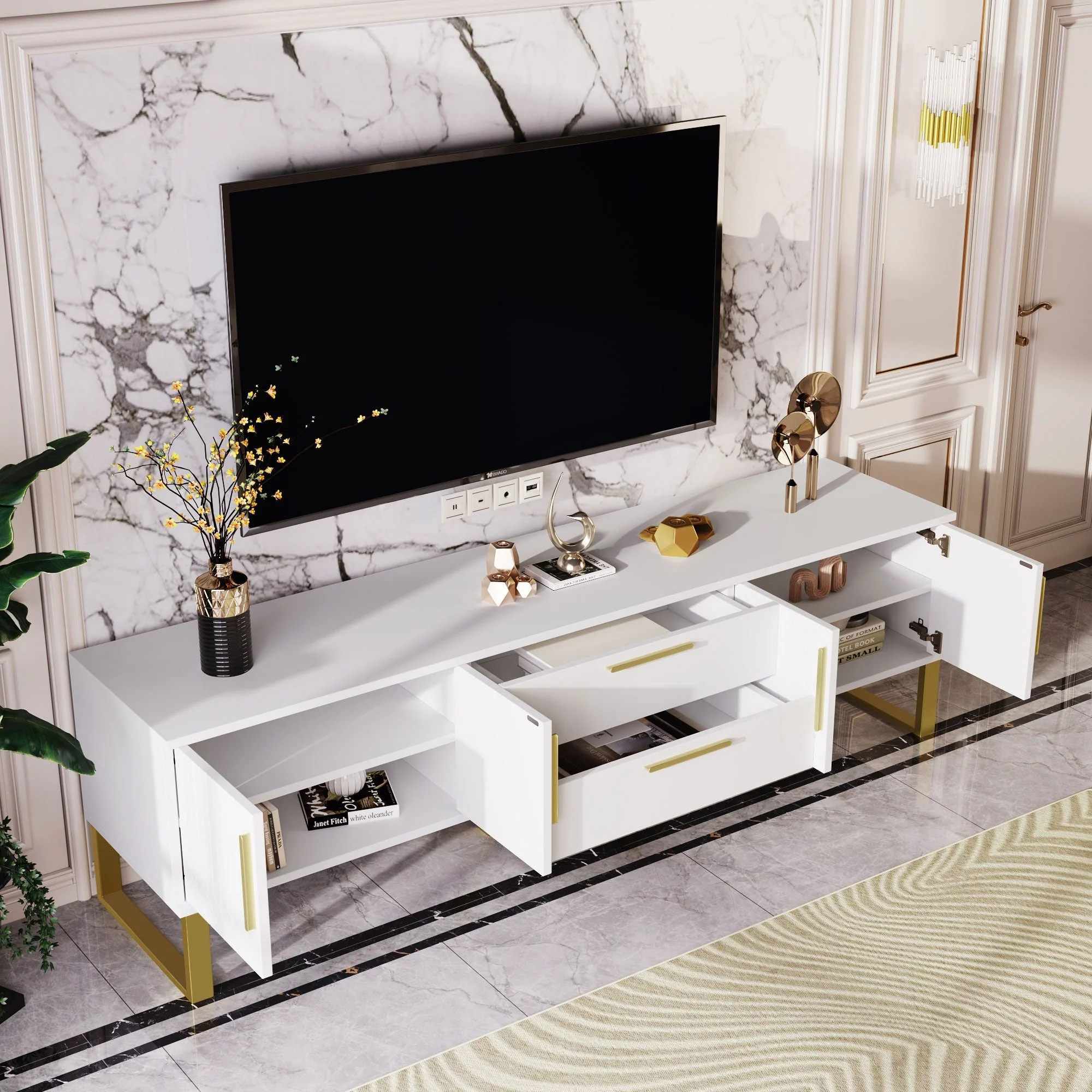 High-Gloss TV Cabinet Engraved Door Gold Handles & Feet Storage - Image 9