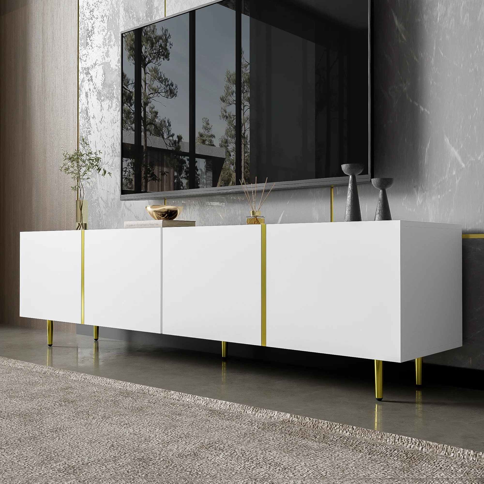High-gloss TV cabinet with four doors, modern and simple, in white - Image 5