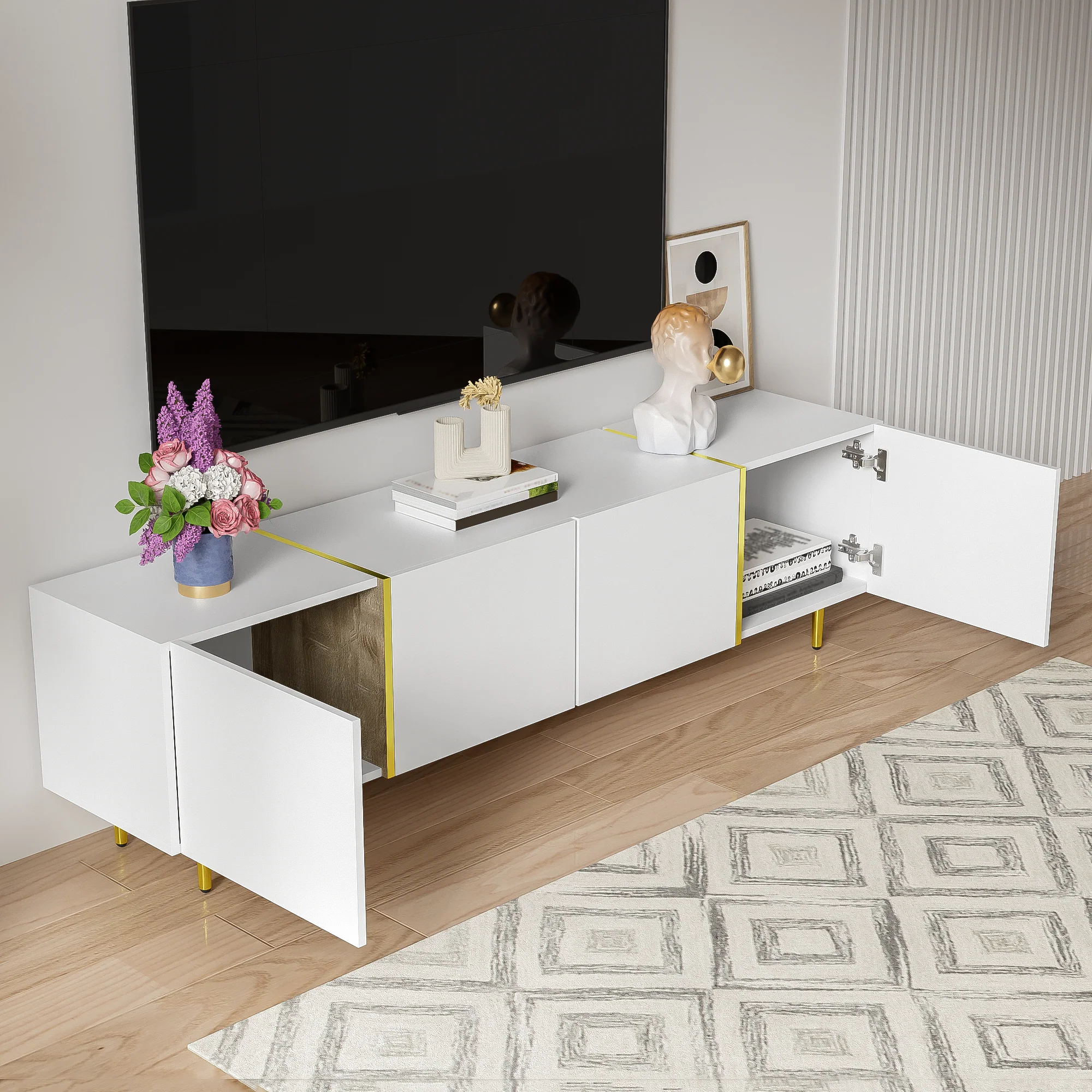 High-gloss TV cabinet with four doors, modern and simple, in white - Image 6
